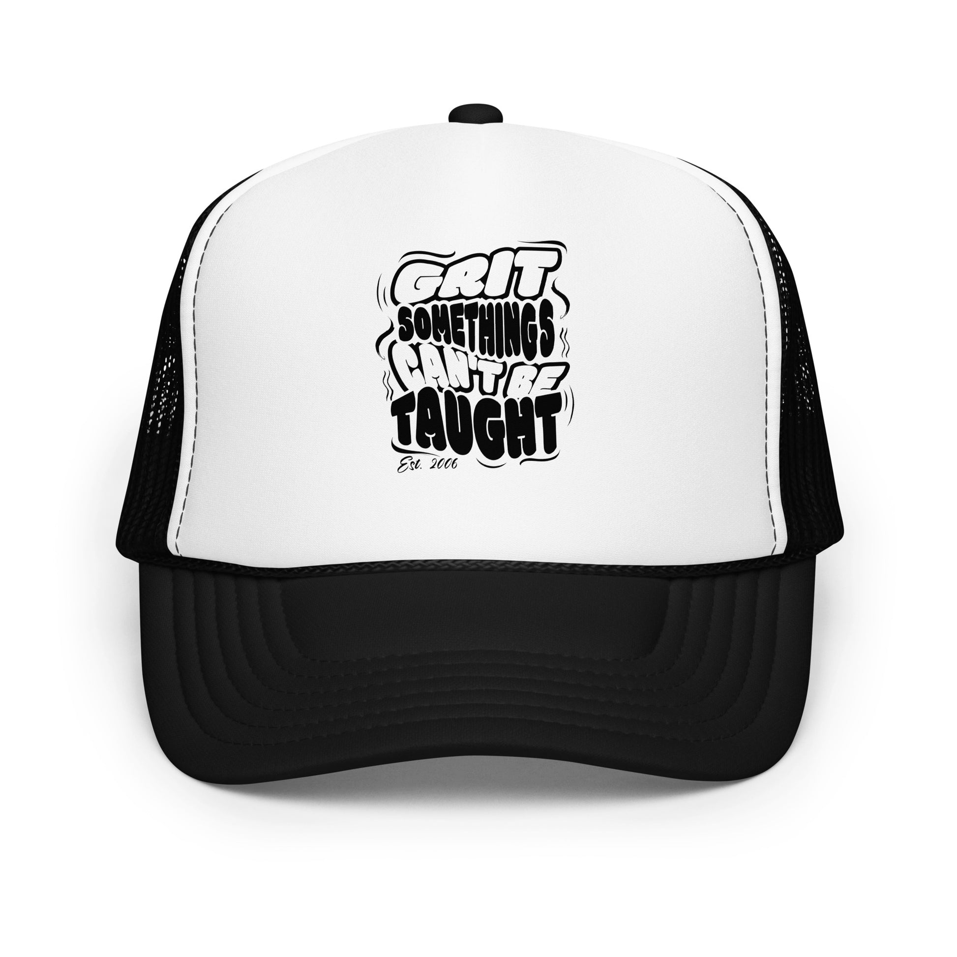 Black and white trucker hat with motivational quote on a white background