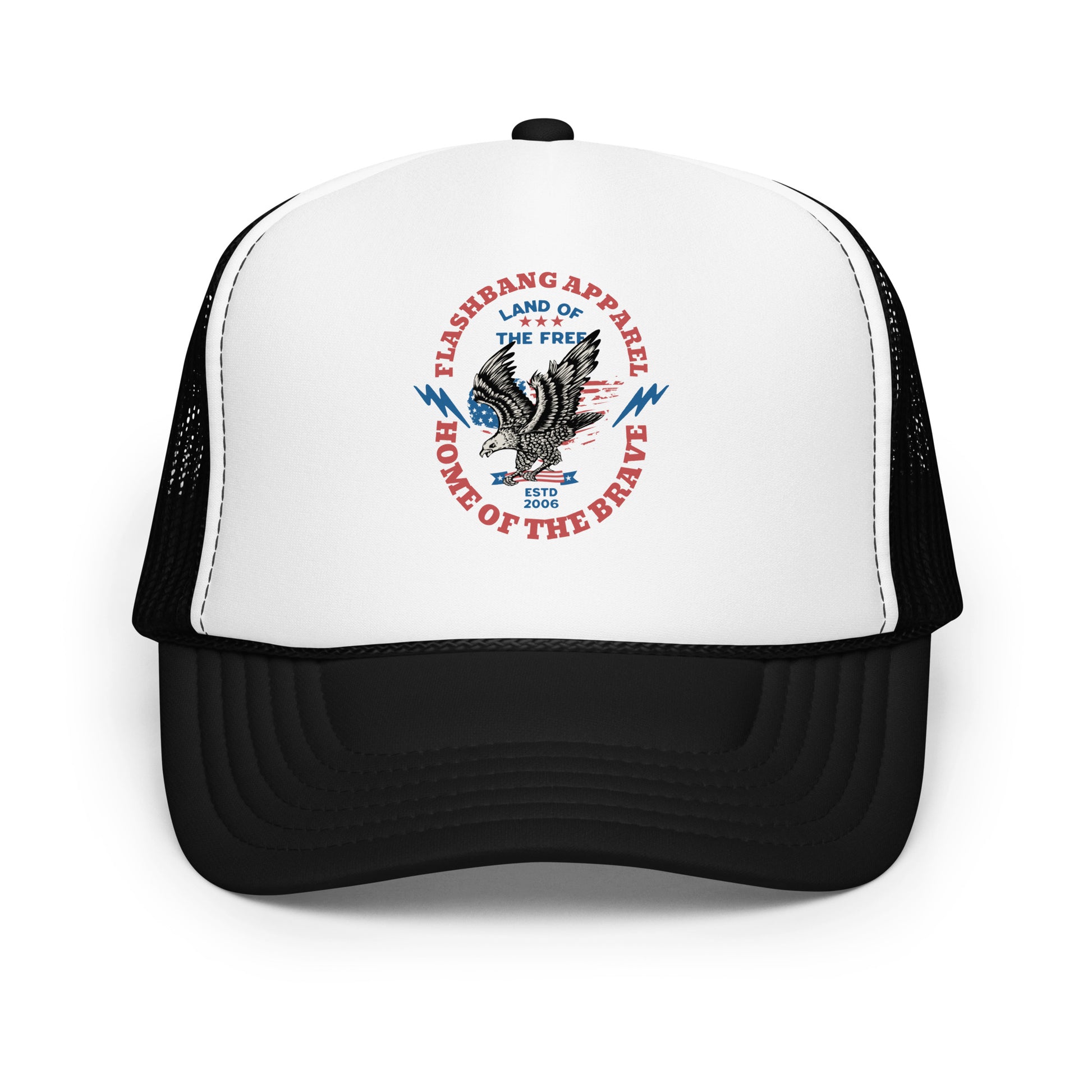 Trucker hat with a logo featuring an eagle and text on a white background