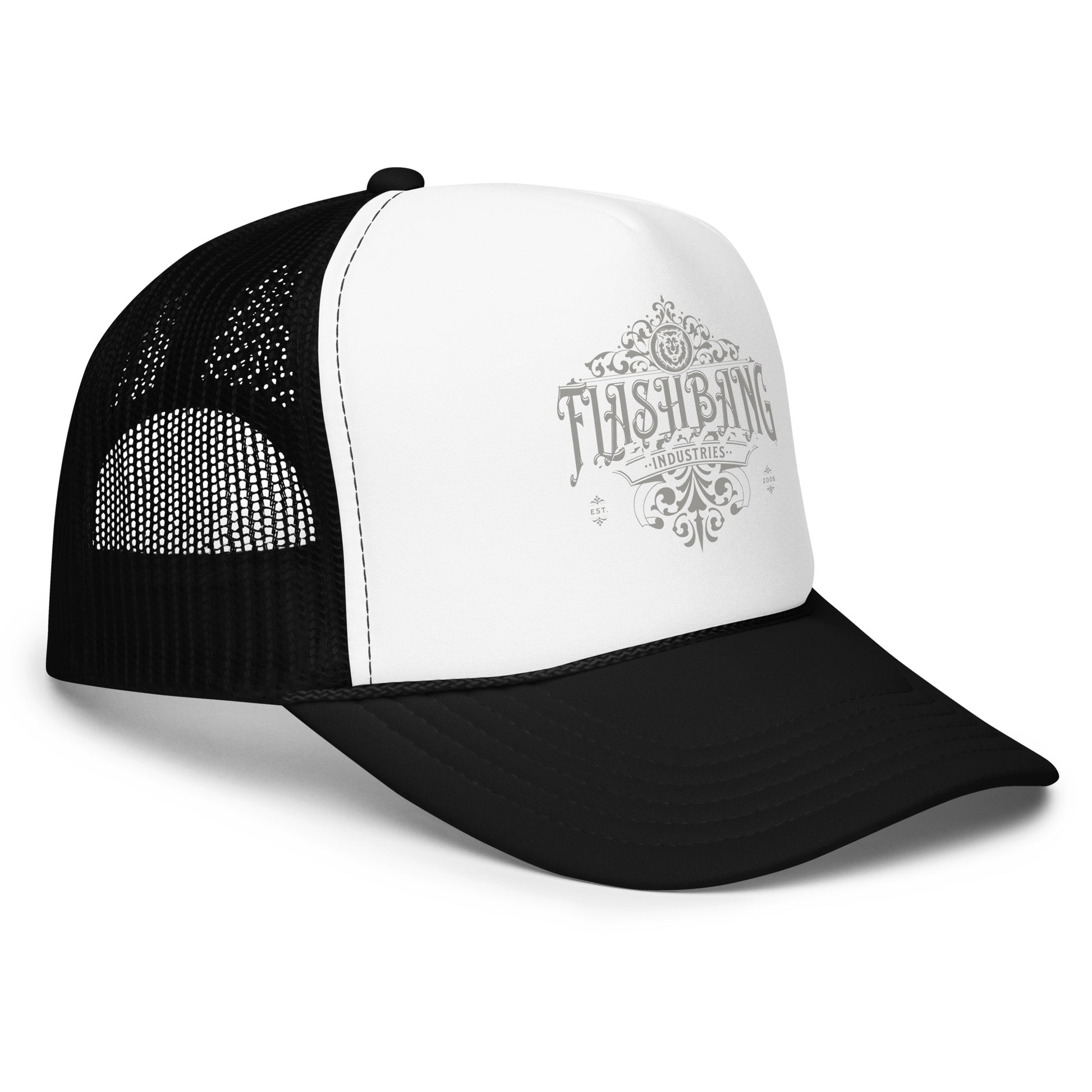 Black and white trucker cap with mesh back on a white background