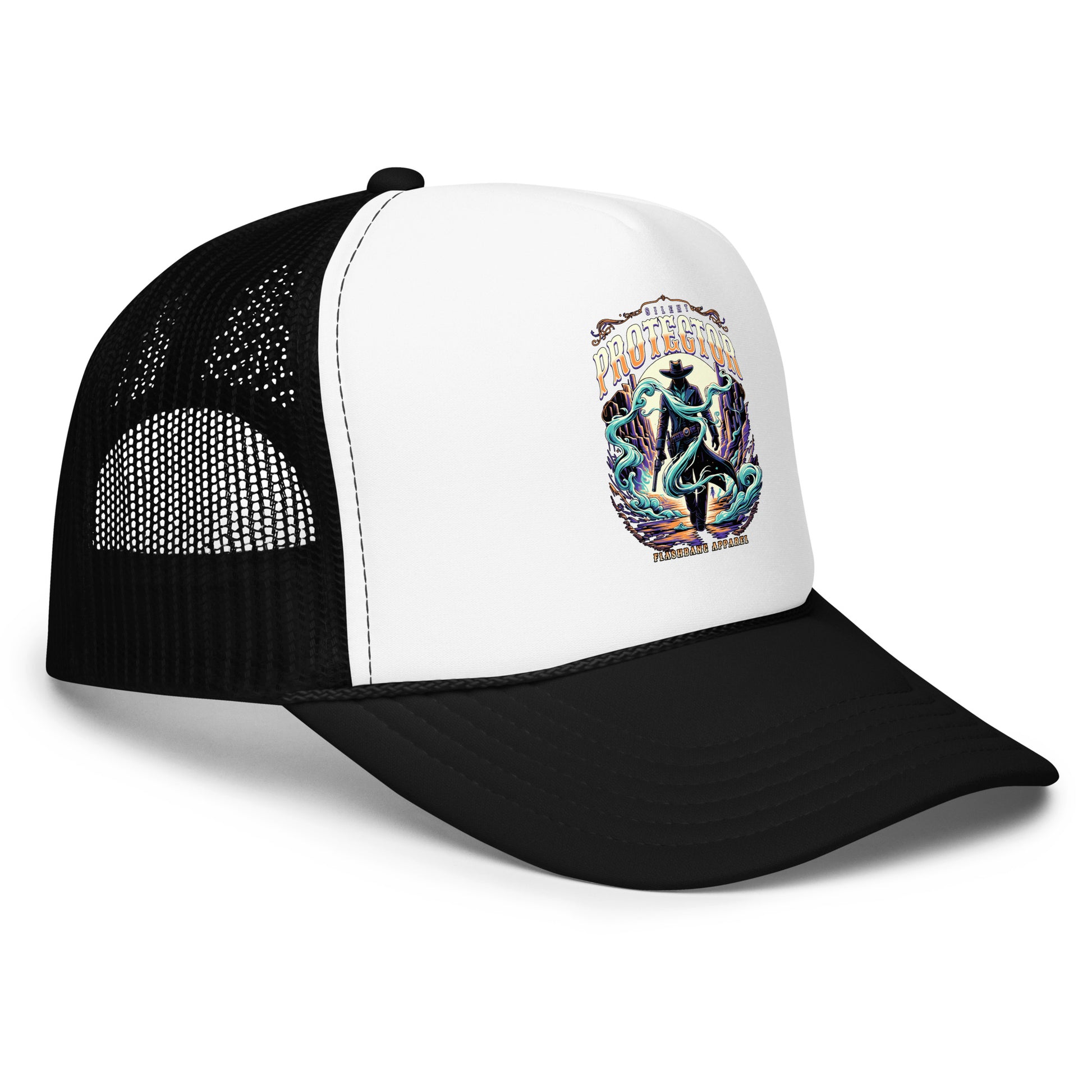 Black and white trucker hat with colorful graphic design on a white background