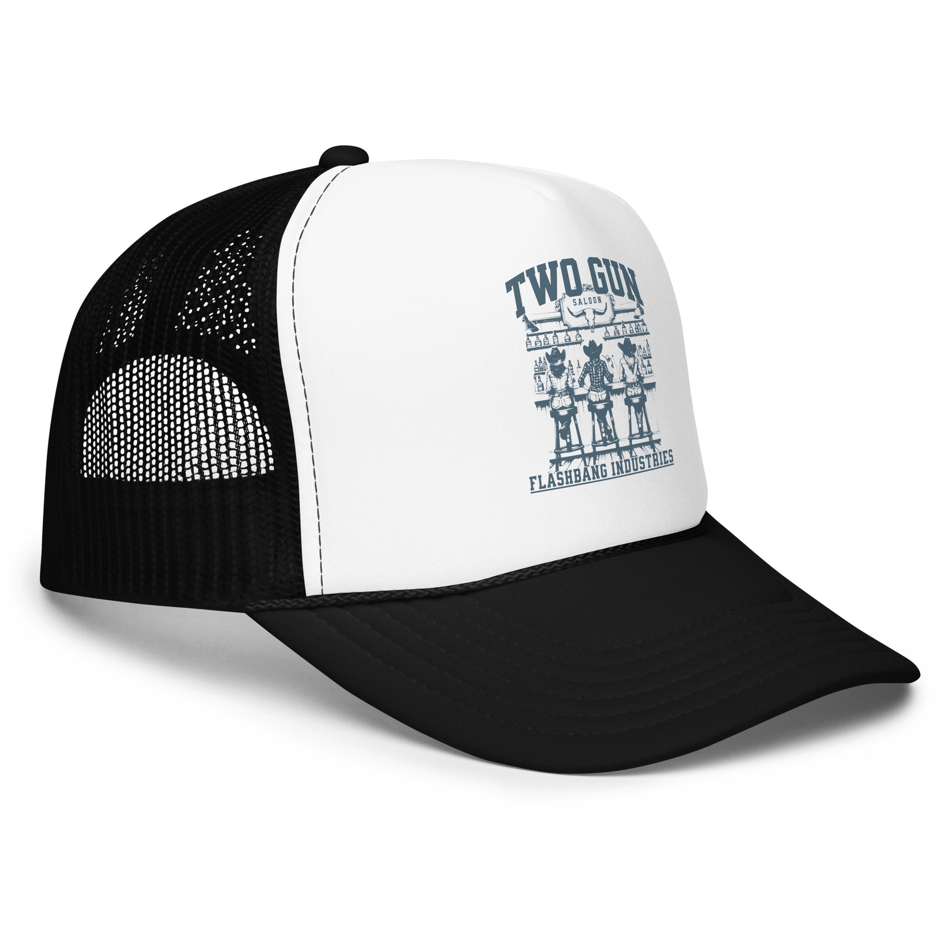 Black and white trucker hat with graphic design on a white background