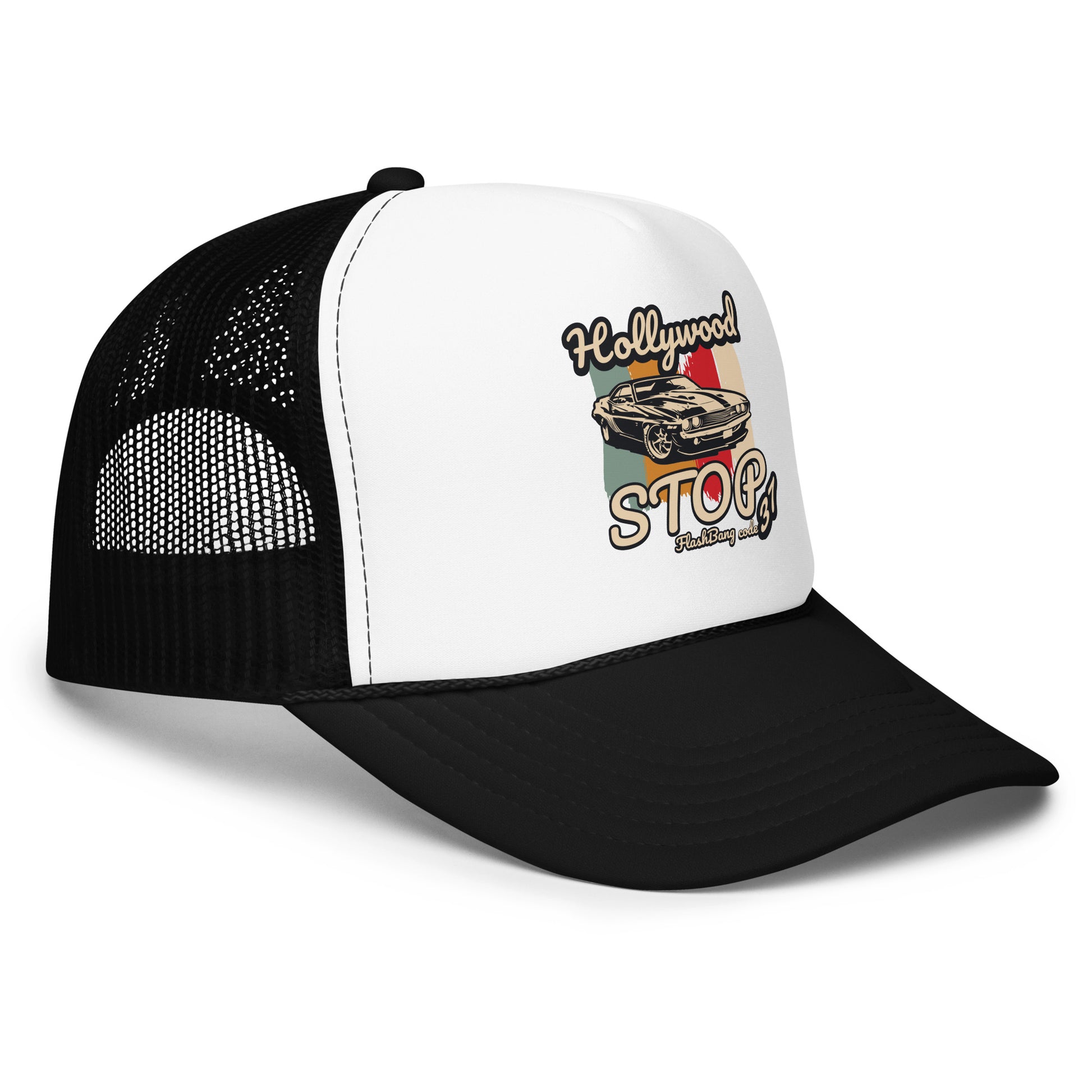 Black and white trucker hat with 'Hollywood Stock' graphic on a white background