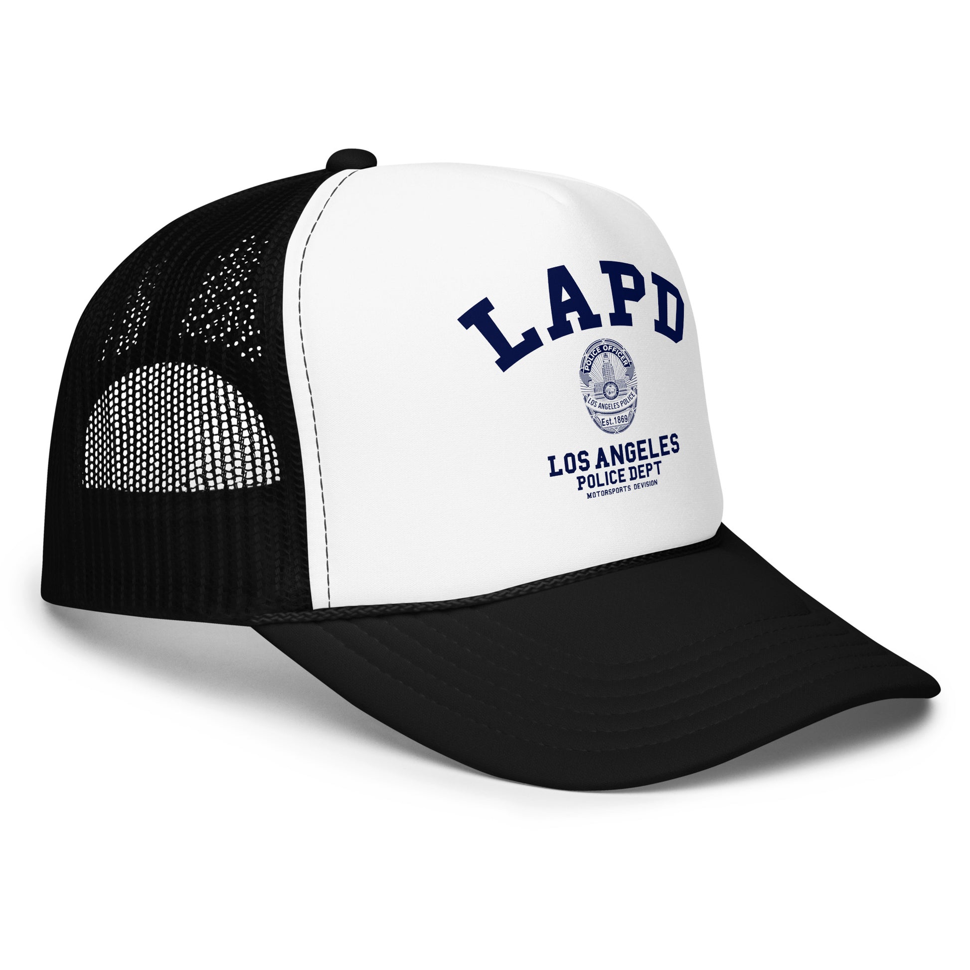 Black and white trucker cap with LAPD Los Angeles Police Dept logo on a white background