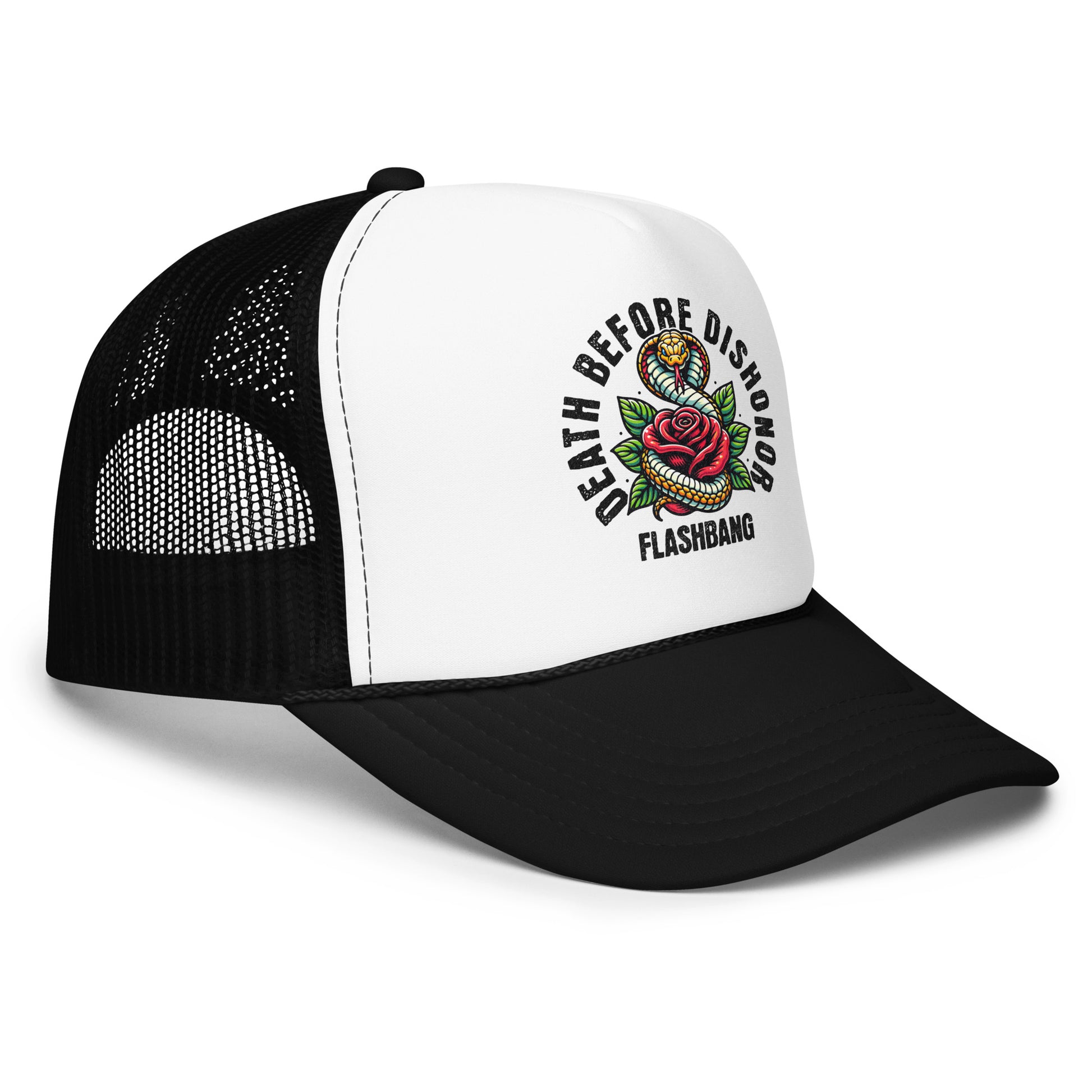 Black and white trucker cap with graphic design and text on a white background