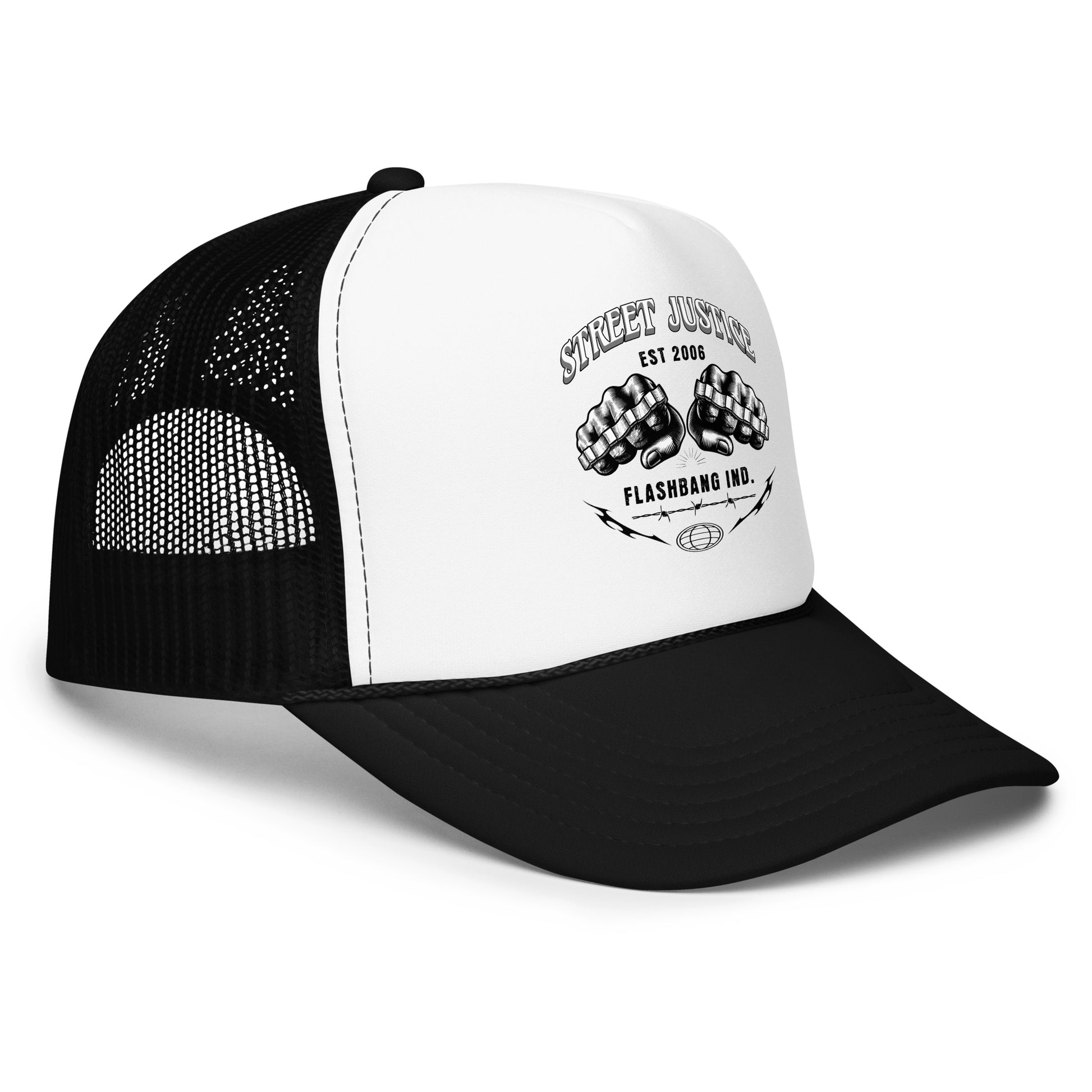 Black and white trucker cap with graphic design on a white background