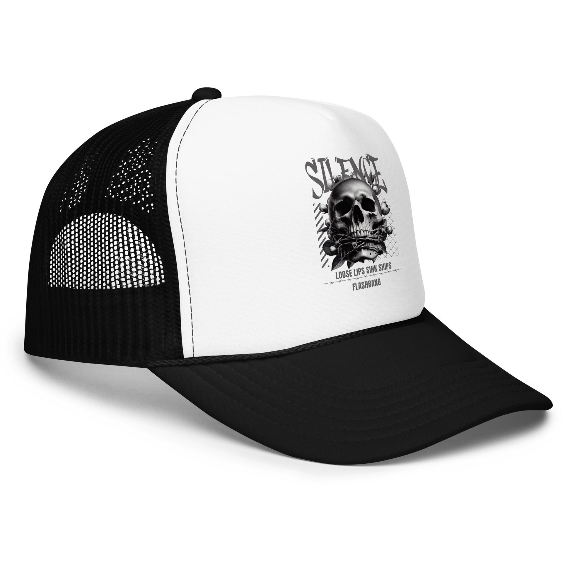 Black and white trucker cap with skull design and text on a white background
