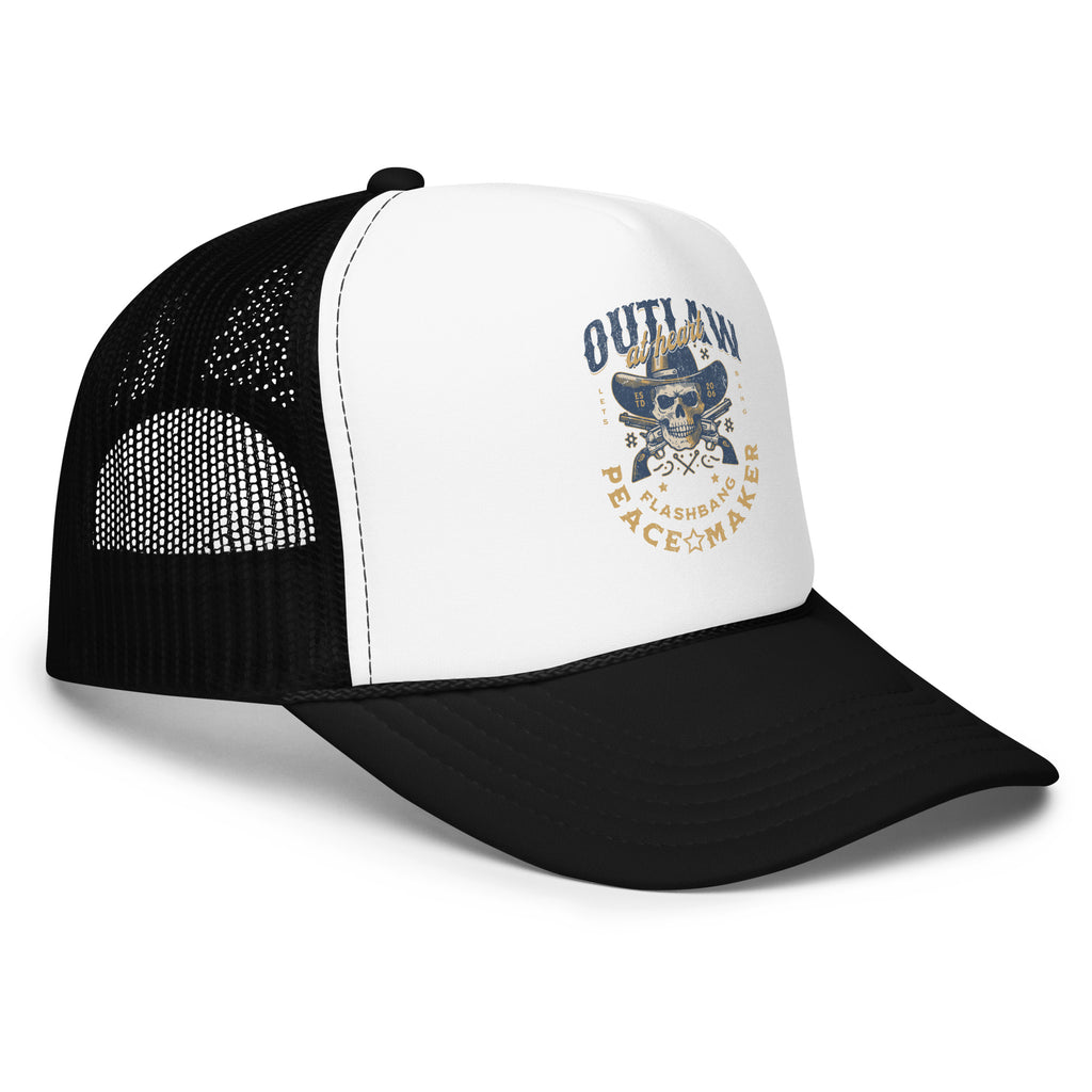 Black and white trucker cap with skull design and text on a white background