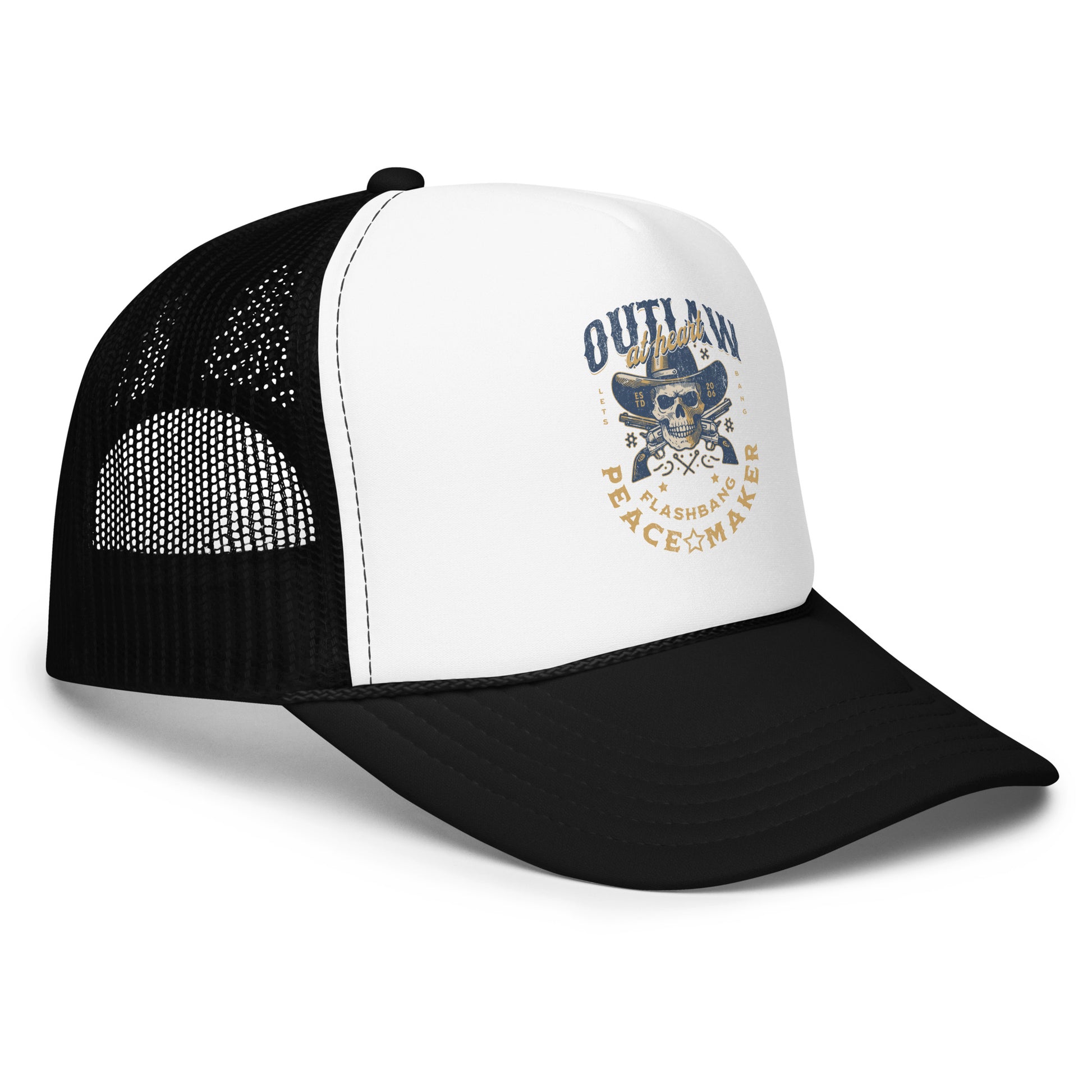 Black and white trucker cap with skull design and text on a white background