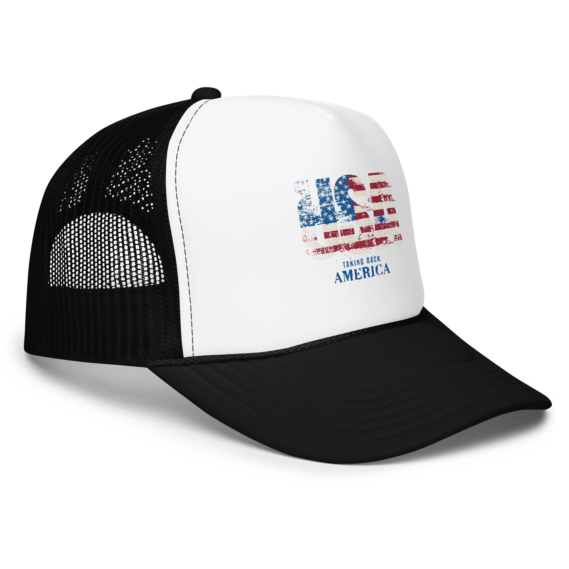 Black and white trucker hat with American flag design on a white background