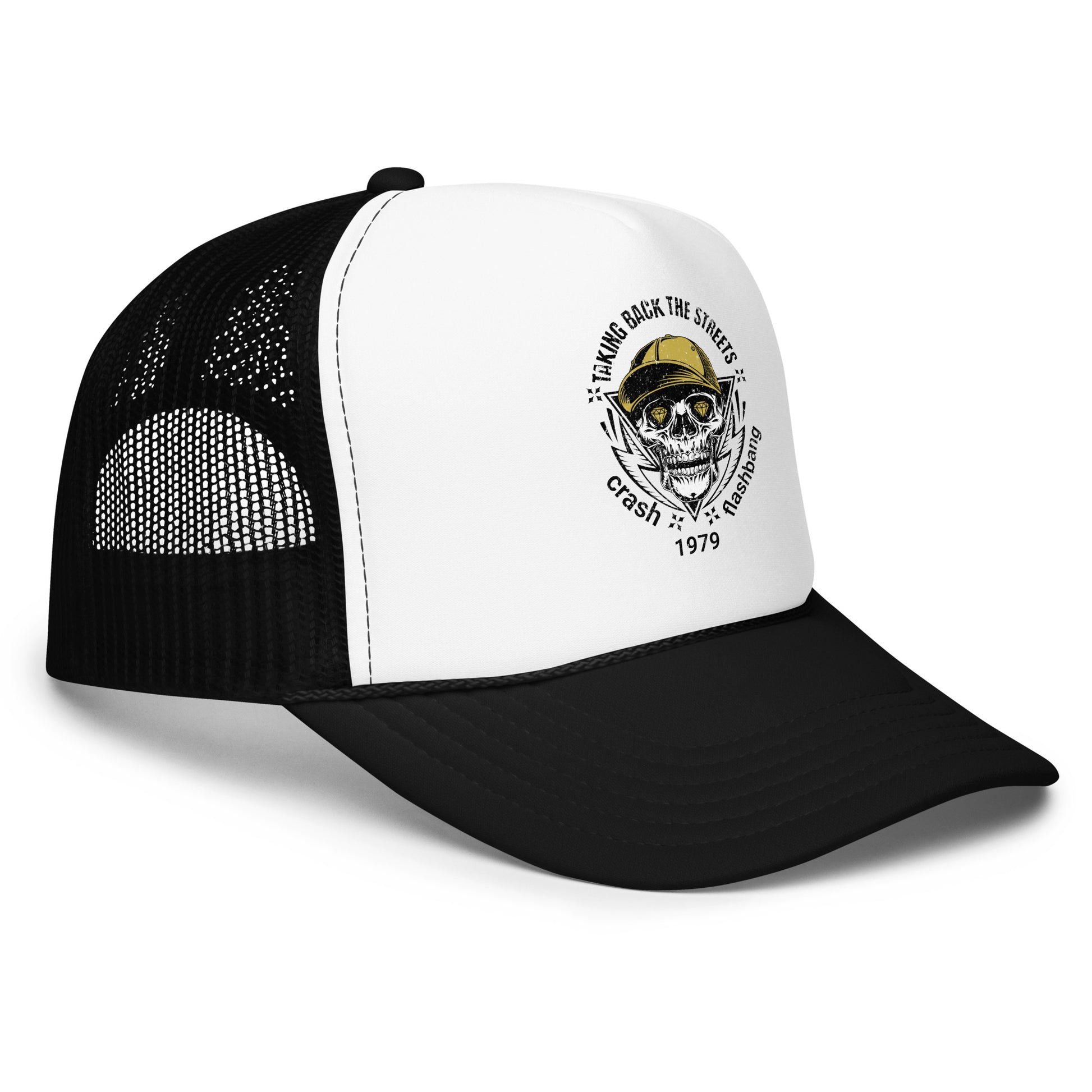 Black and white trucker cap with skull and crossbones design on a white background