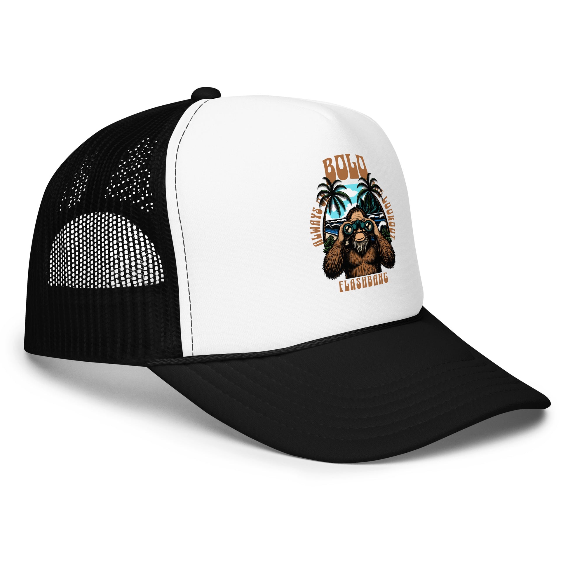 Black and white trucker hat with a dog graphic and text on a white background