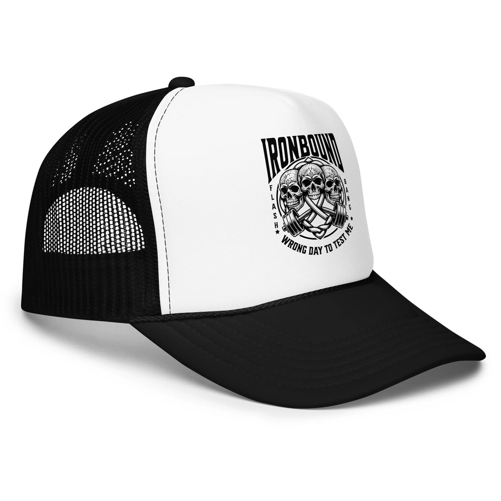 Black and white trucker cap with skull design and 'IRONBOUND' text on a white background