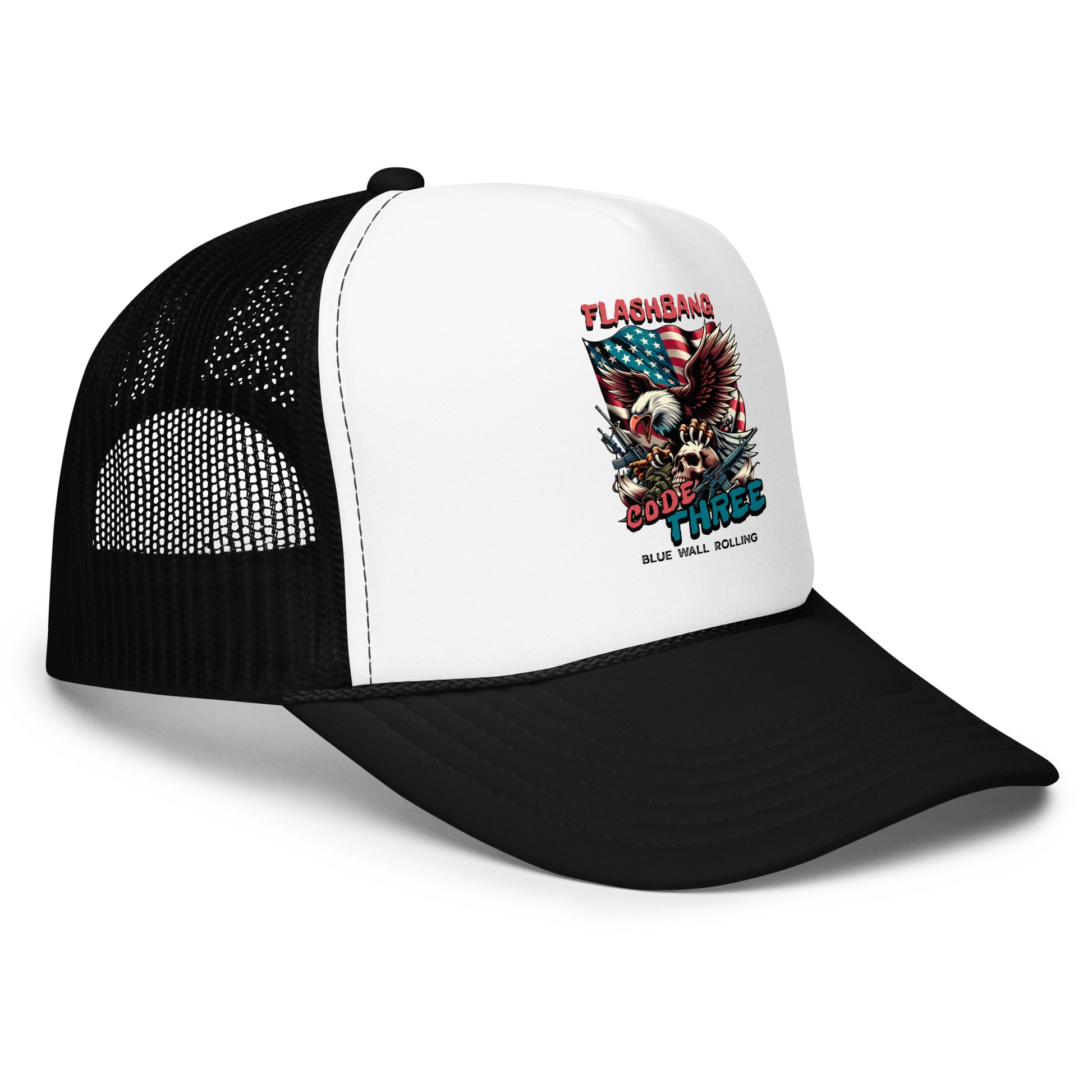 Black and white trucker cap with graphic design on a white background