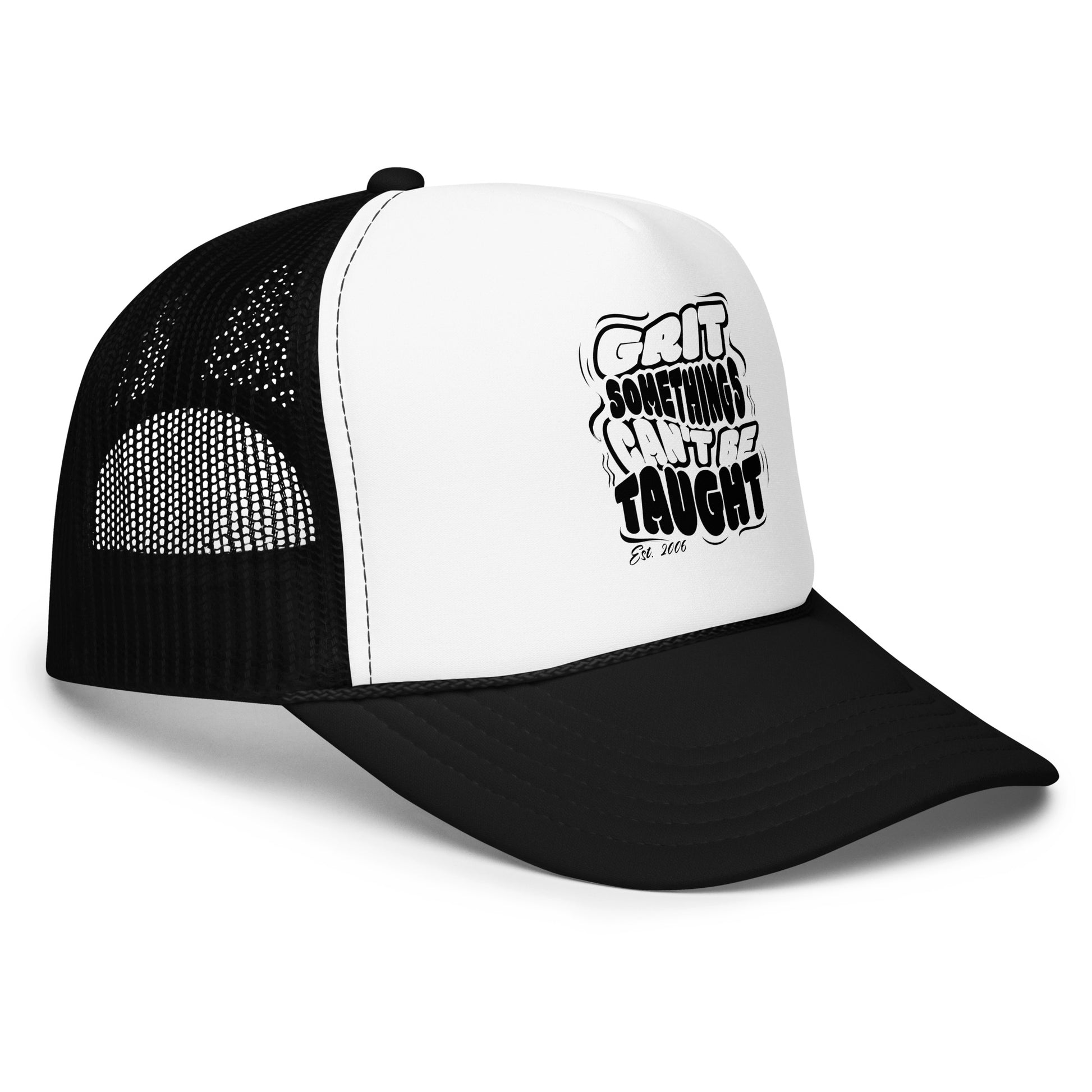 Black and white trucker cap with text on a white background