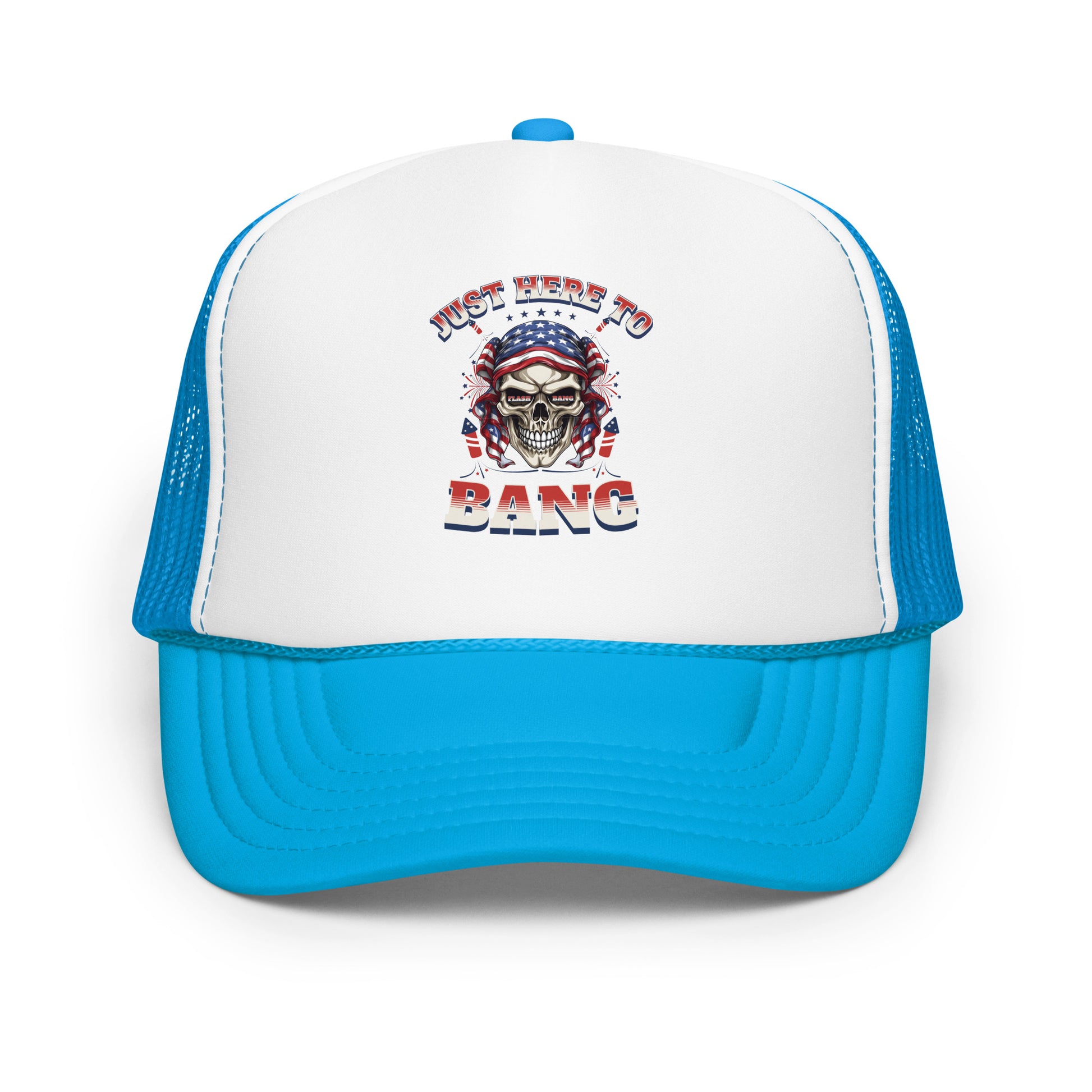 Blue and white cap with skull design and text on a white background