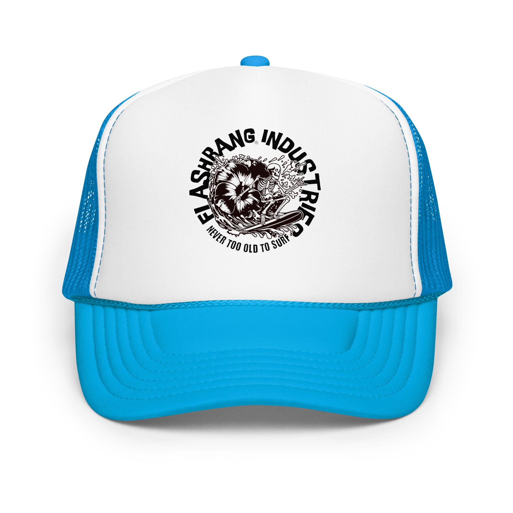 Blue and white cap with a logo and text on a white background