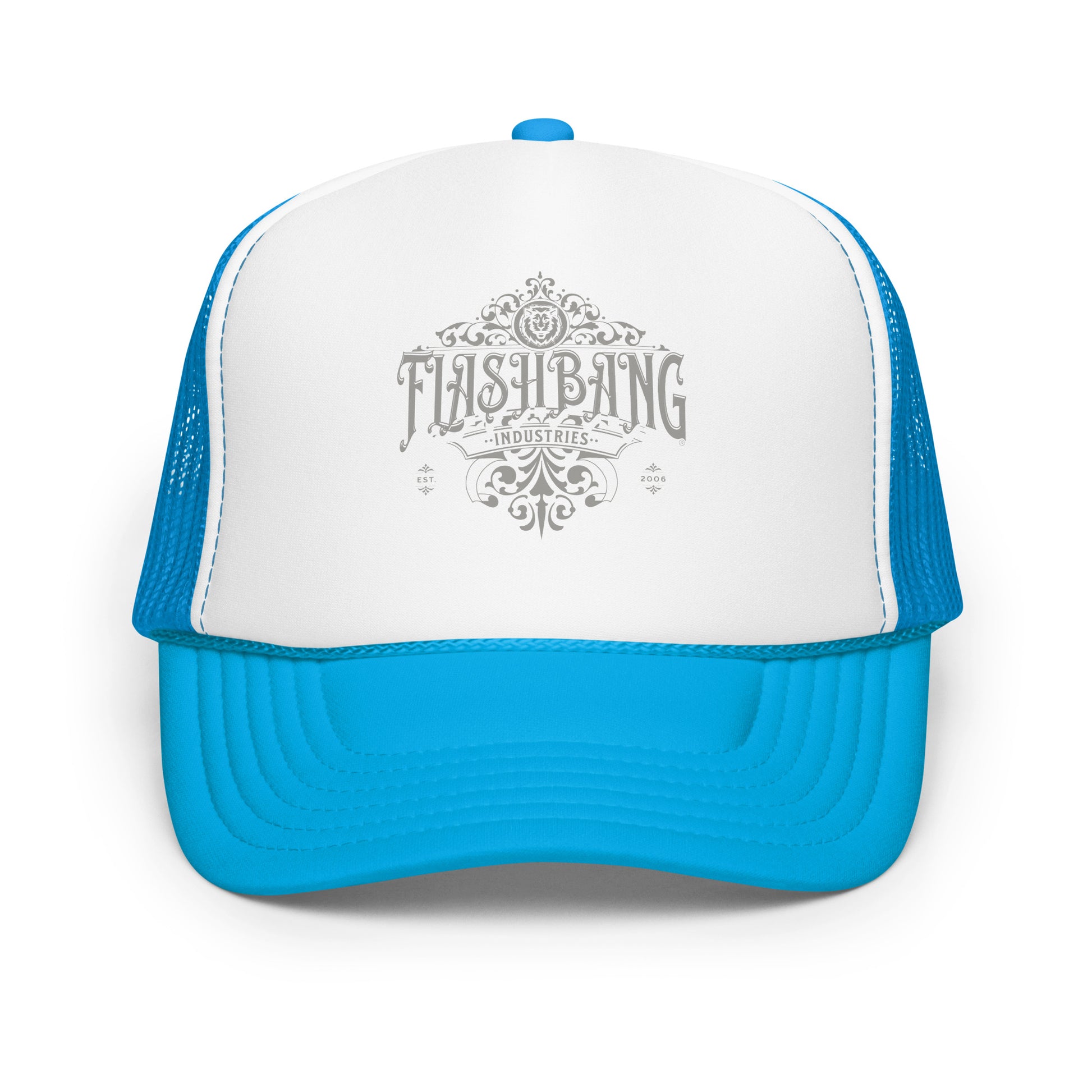 Blue and white trucker hat with 'Flash Bang Industries' logo on a white background