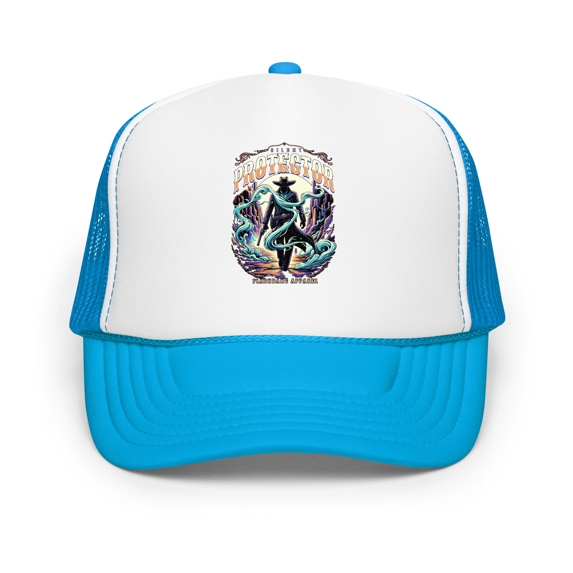 Blue and white cap with a colorful graphic design on a white background