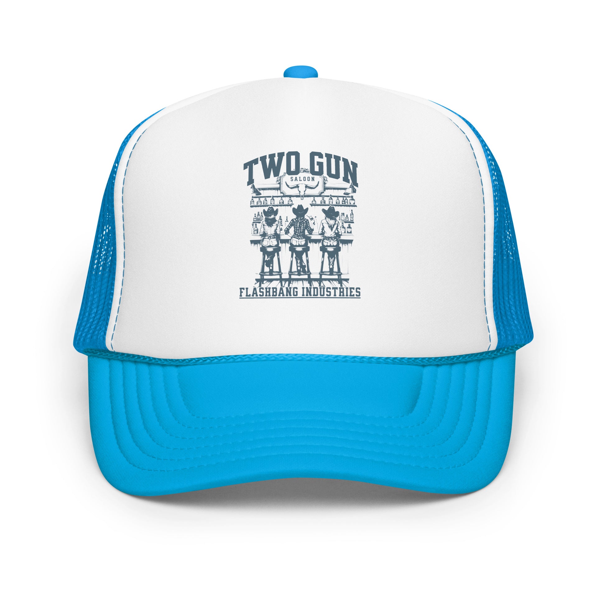 Blue and white trucker hat with 'Two Gun' logo on a white background