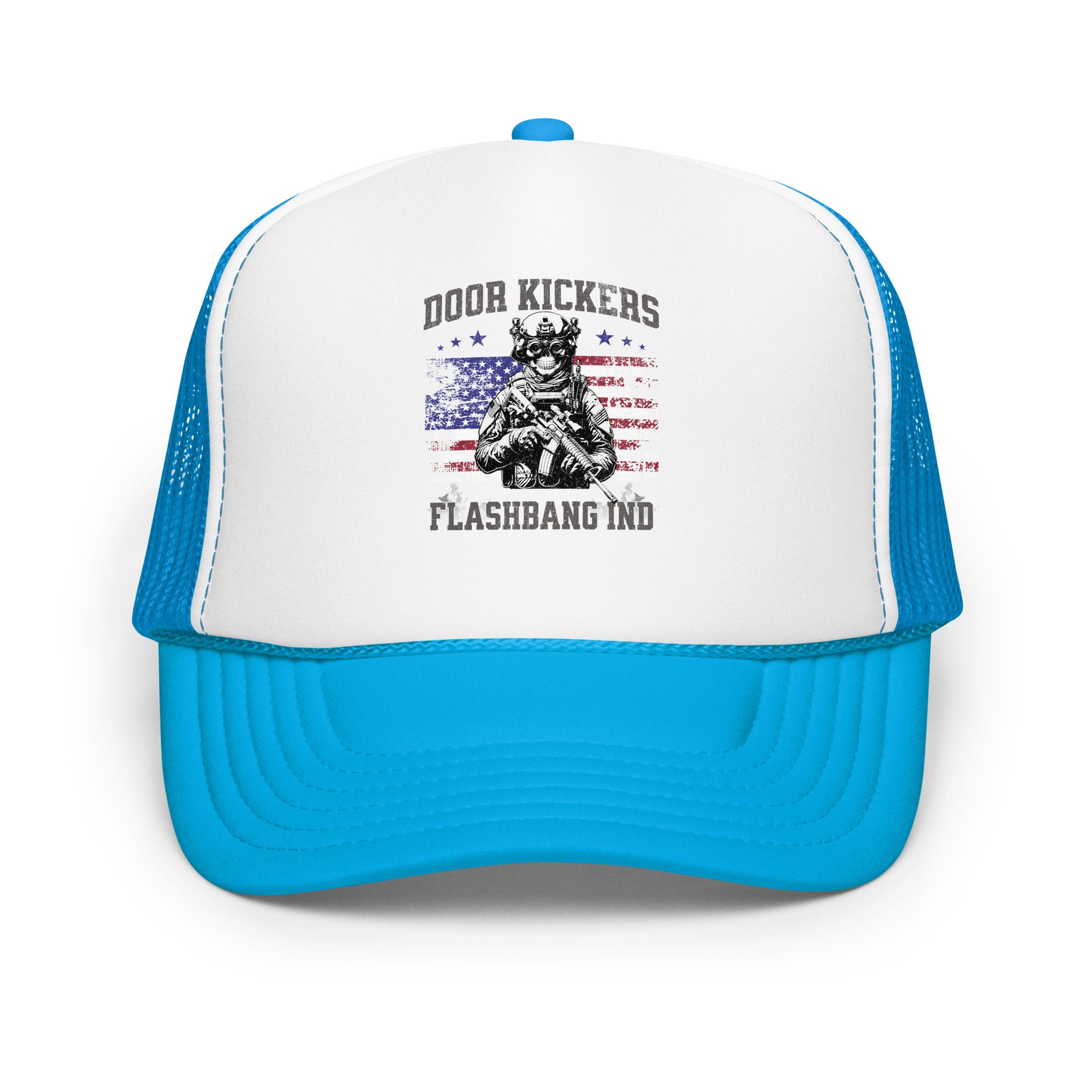 Blue and white cap with graphic design and text on a white background