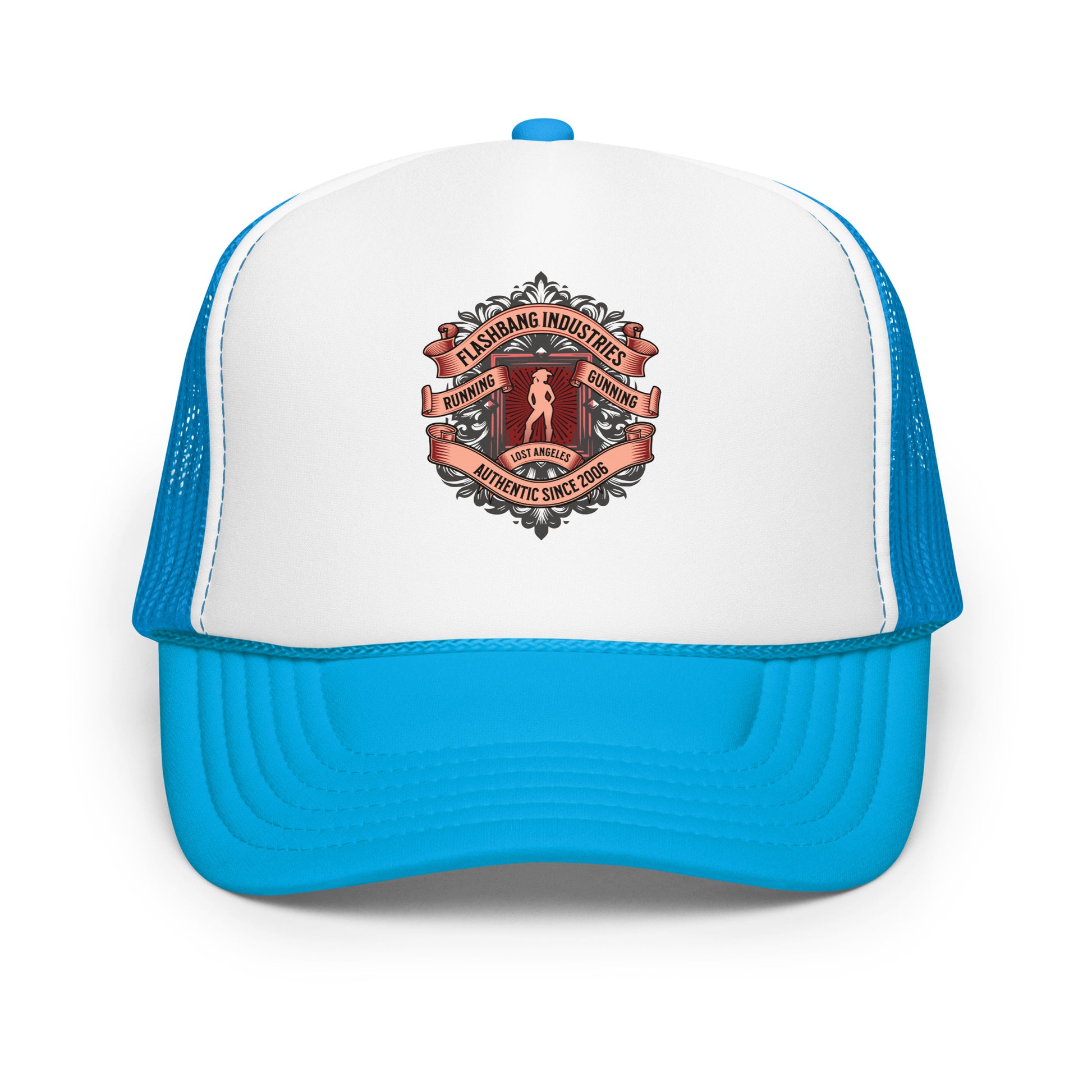 Blue and white cap with a logo on a white background