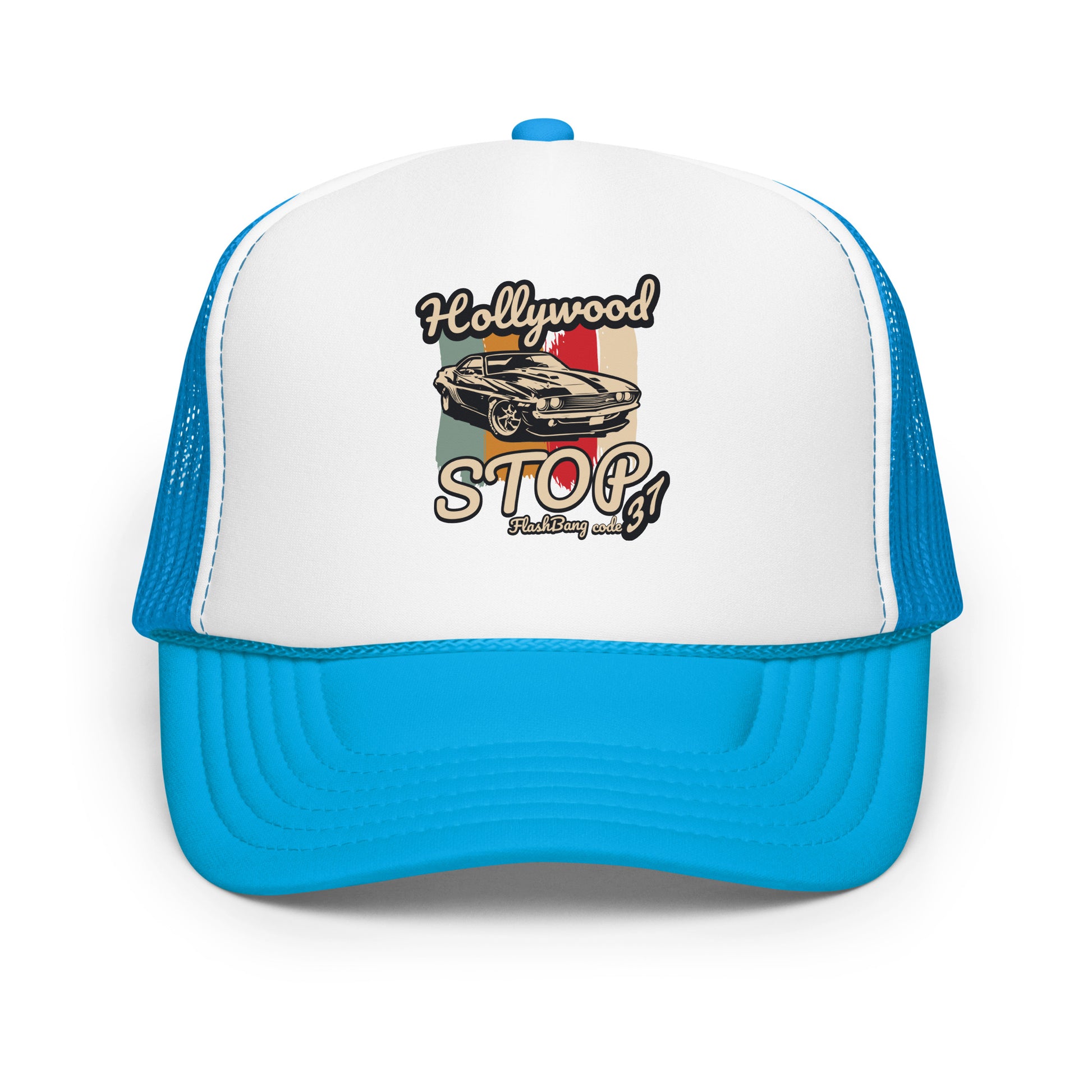 Blue and white cap with 'Hollywood Stop' graphic on a white background