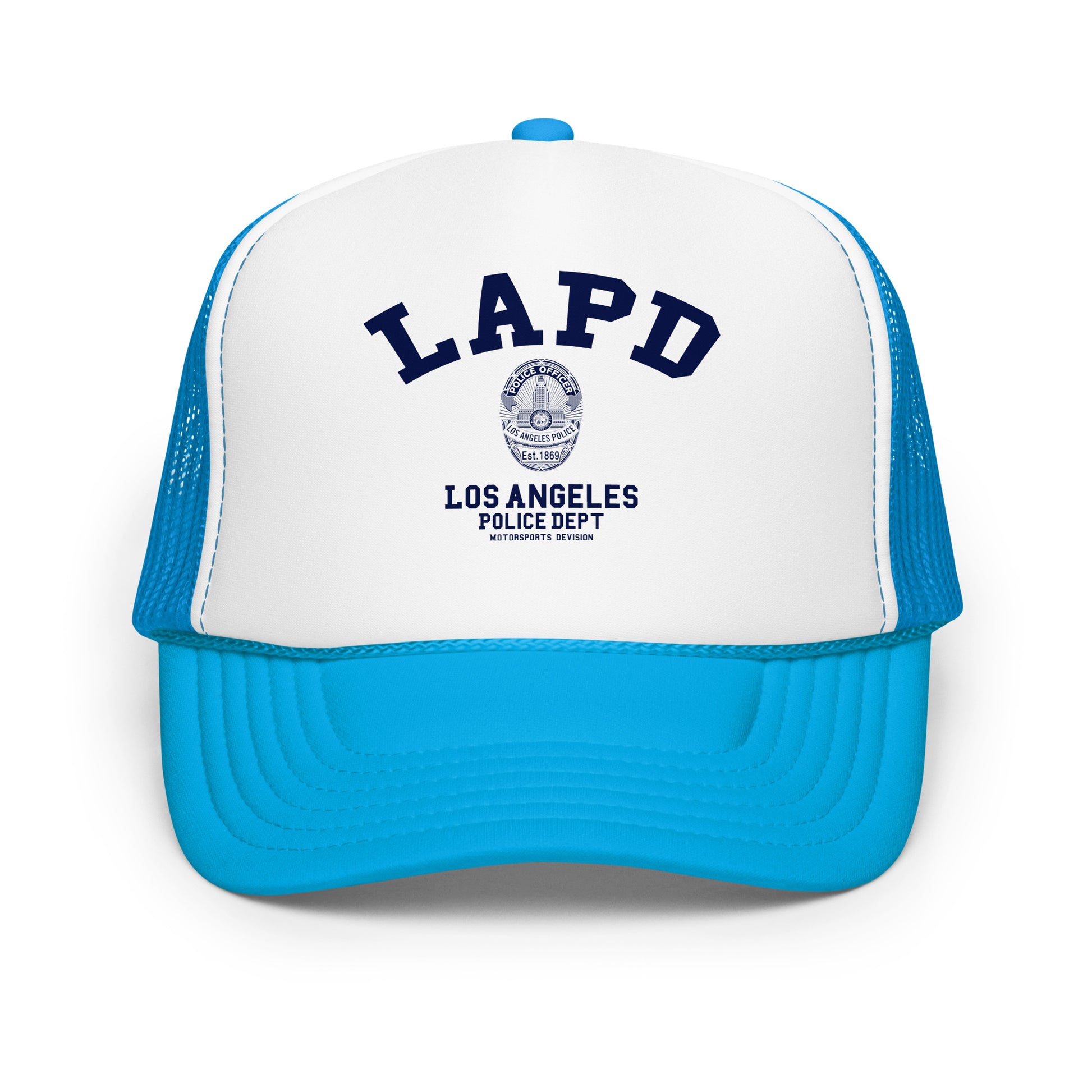 Blue and white cap with LAPD Los Angeles Police Dept logo on a white background