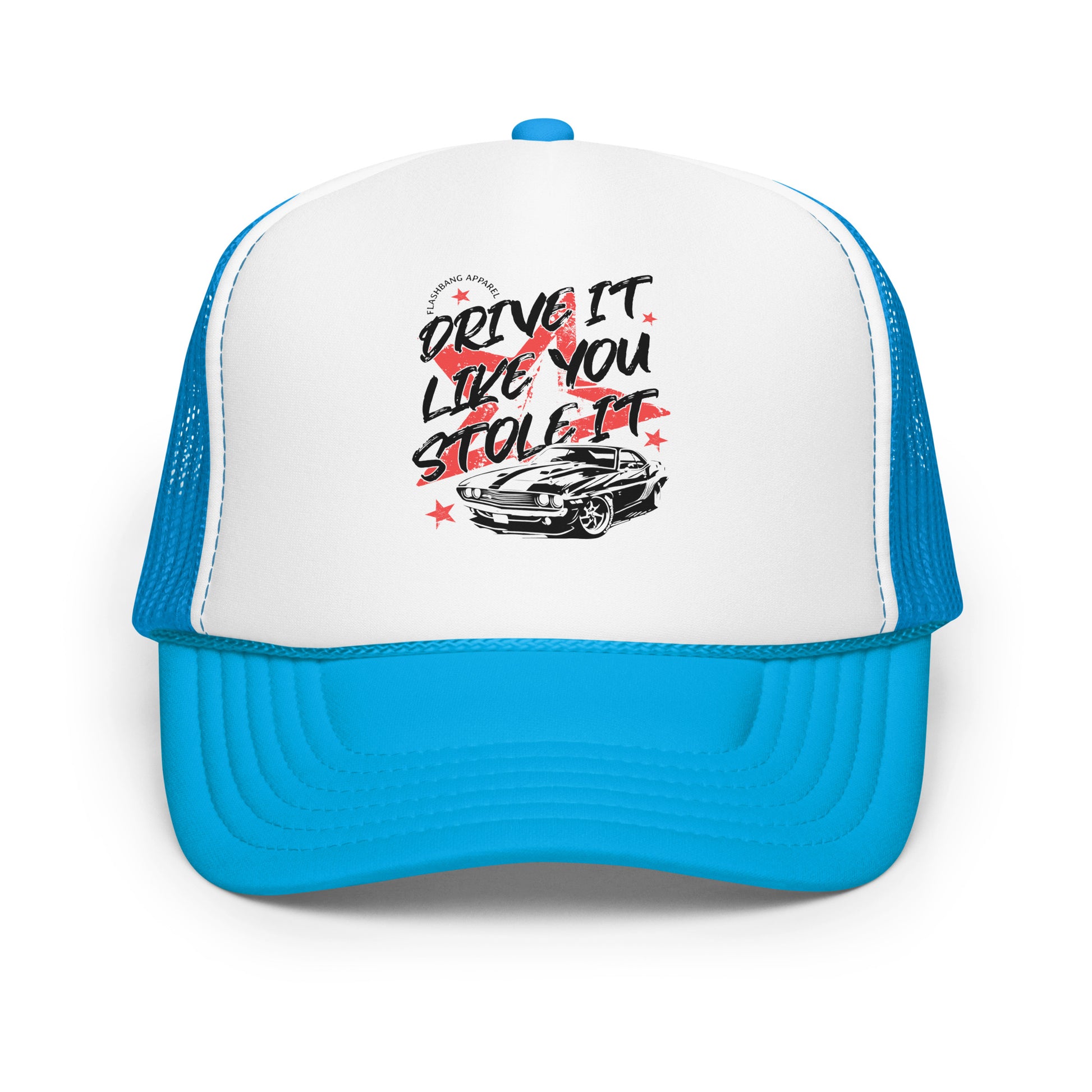 Blue and white trucker hat with graphic design and text on a white background