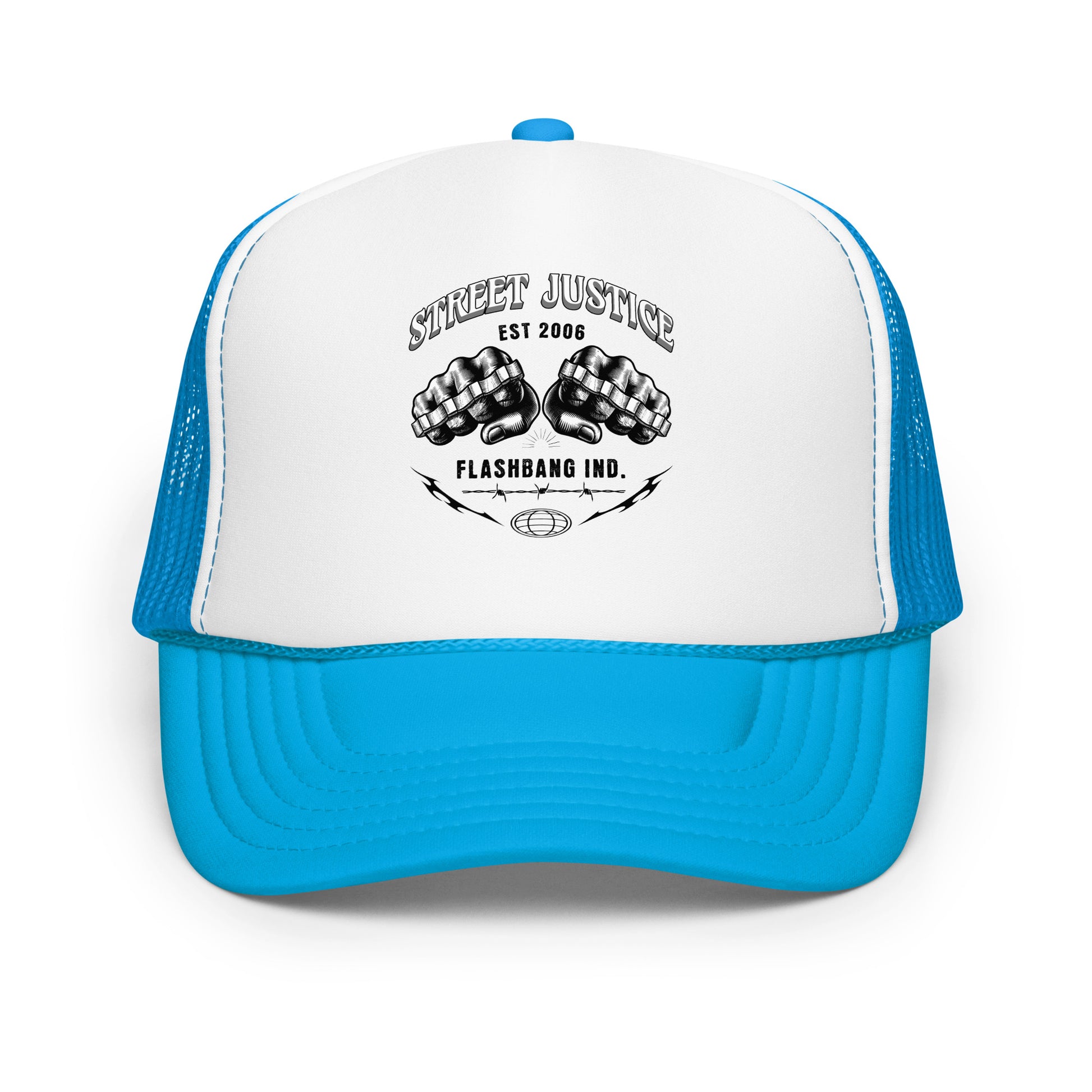 Blue and white cap with 'Street Justice' and 'Flashbang Ind.' text on a white background