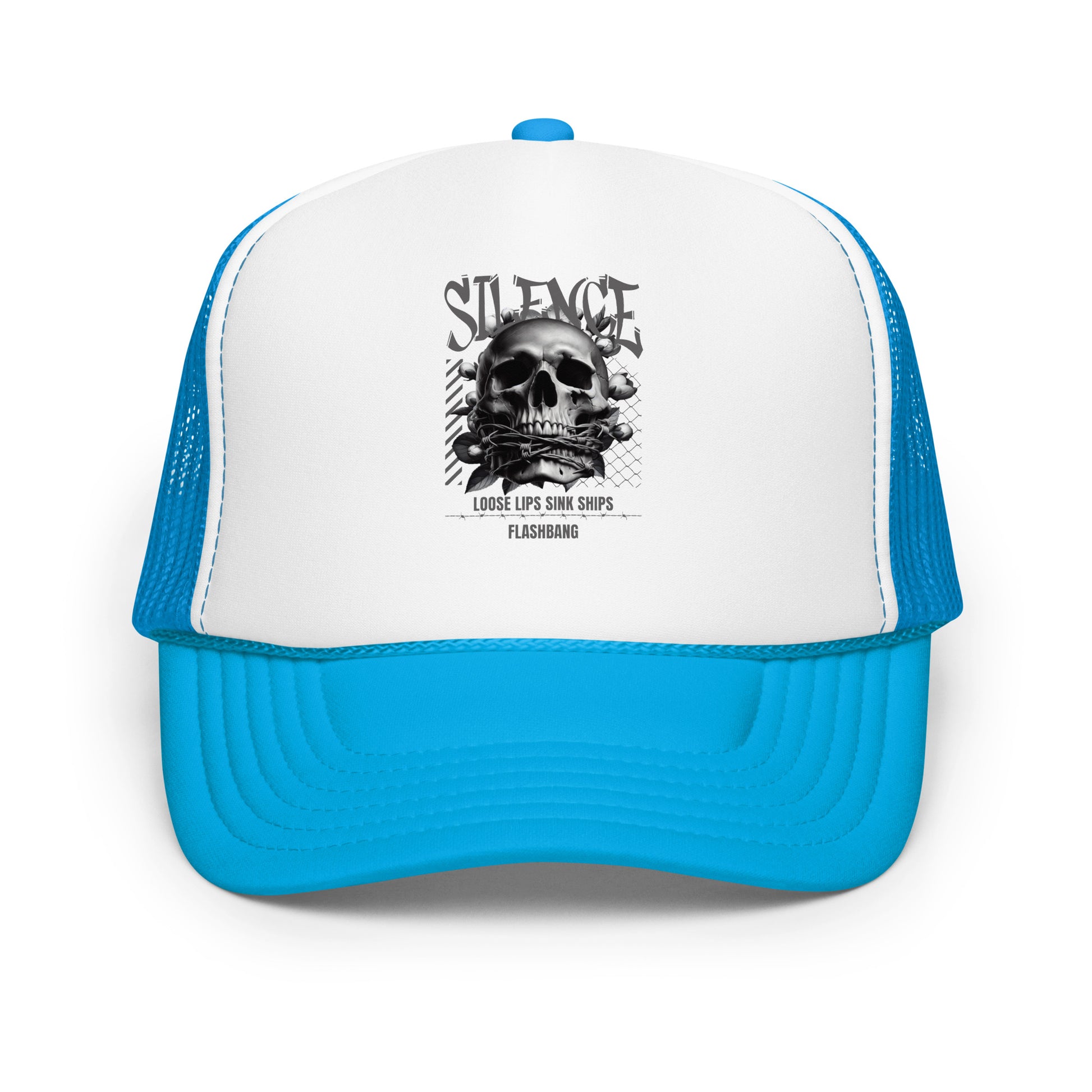 Blue and white trucker hat with a skull graphic and text on a white background