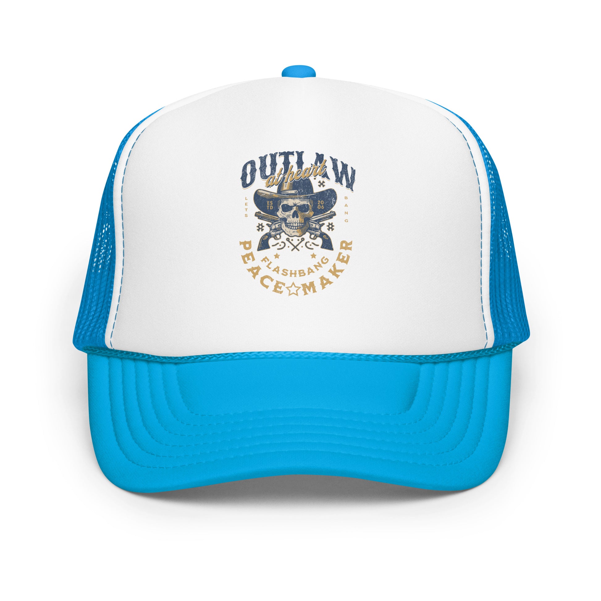 Blue and white cap with a graphic design on a white background