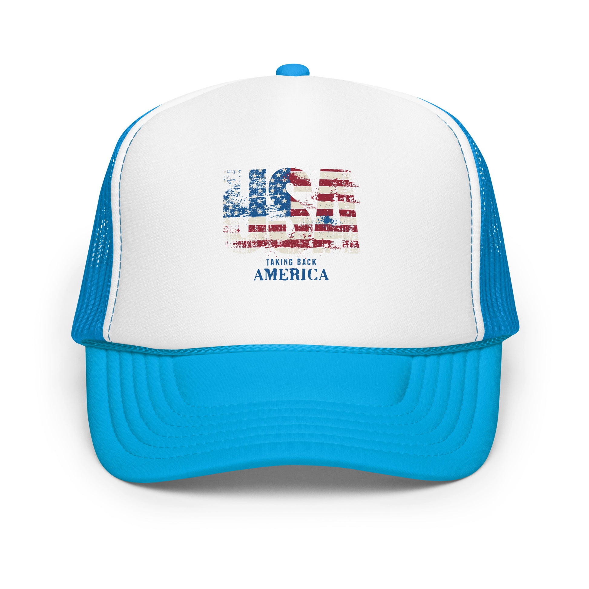 Trucker hat with American flag design and text on a white background