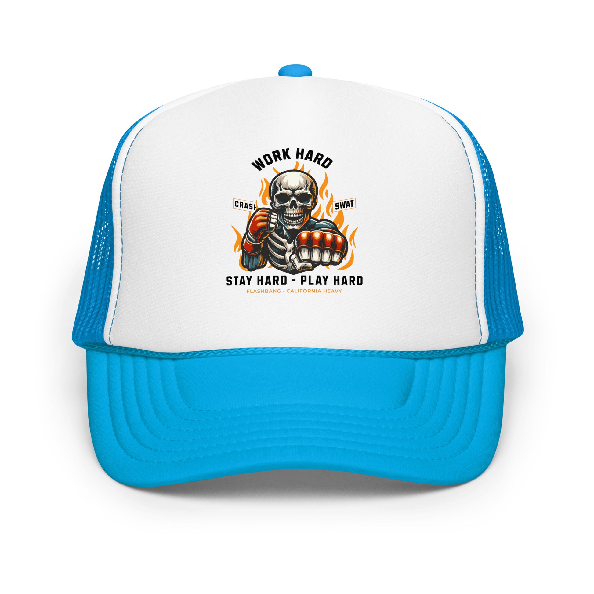 Blue and white cap with a graphic design of a skeleton holding flames and text on a white background