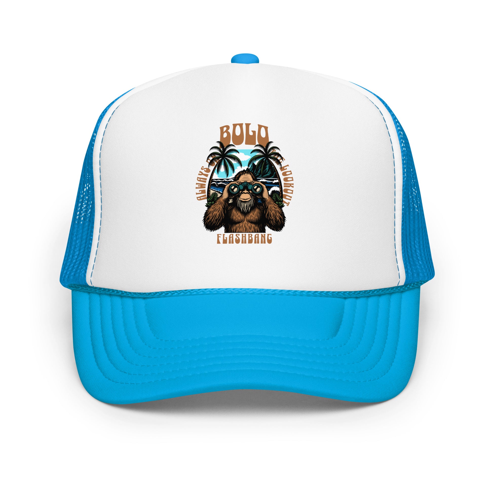 Blue and white cap with a graphic design of a dog and text on a white background