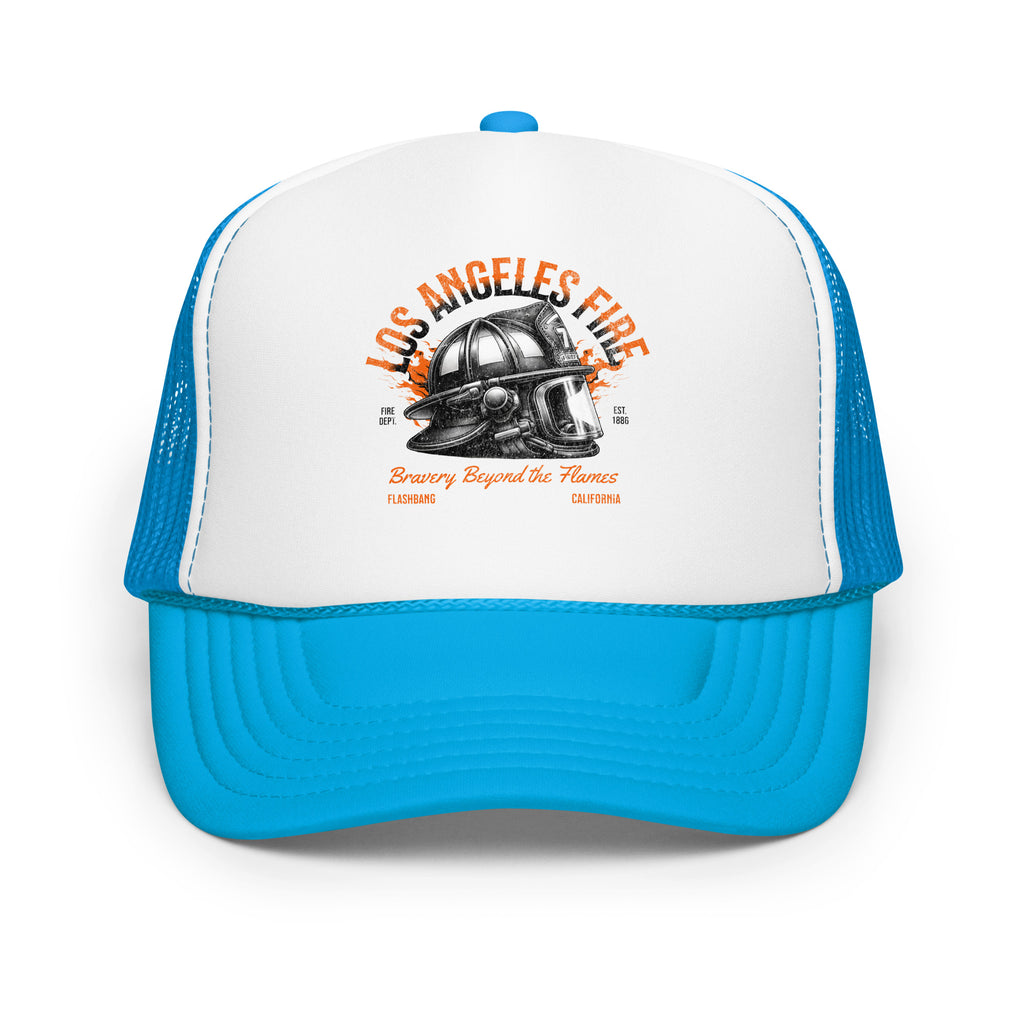 Trucker hat with 'Los Angeles Fire' design on a white background