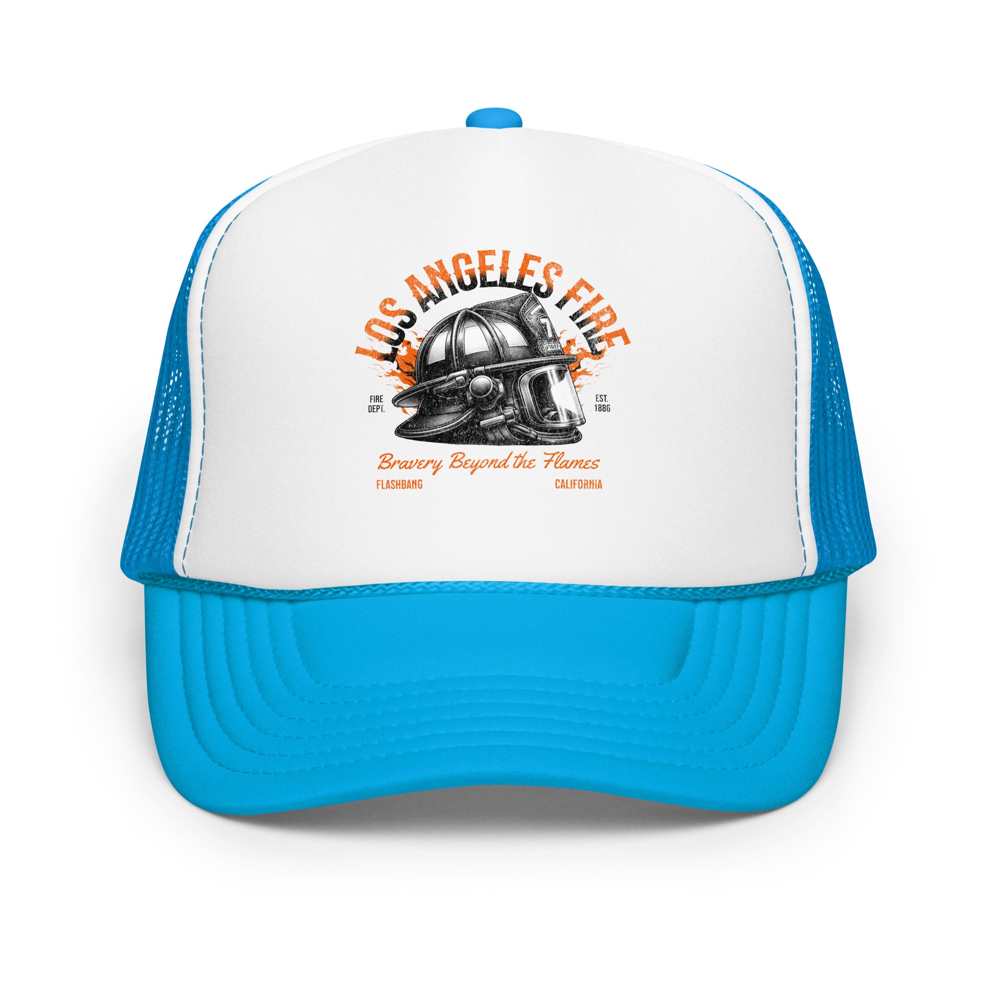 Trucker hat with 'Los Angeles Fire' design on a white background