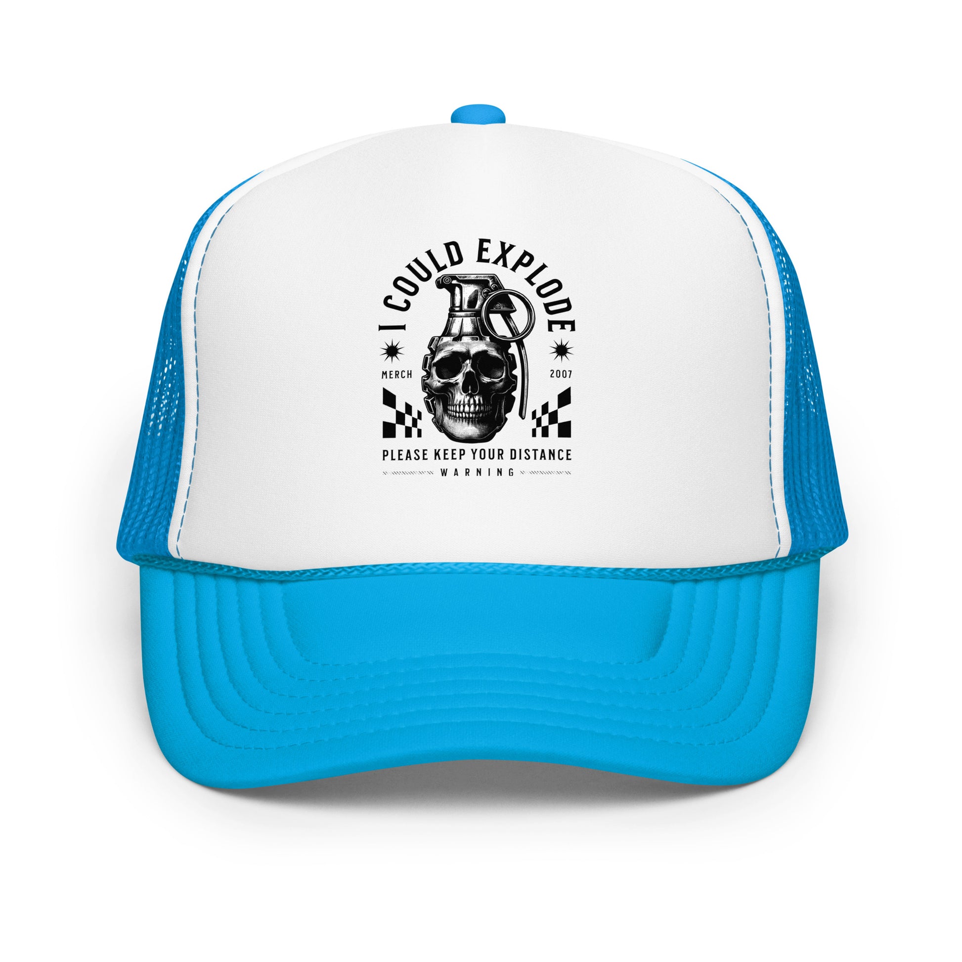 Blue and white cap with a graphic design on a white background