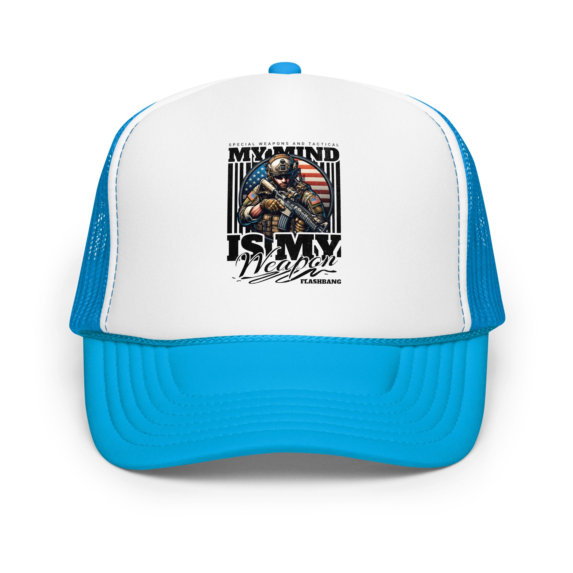 Blue and white cap with graphic design on a white background