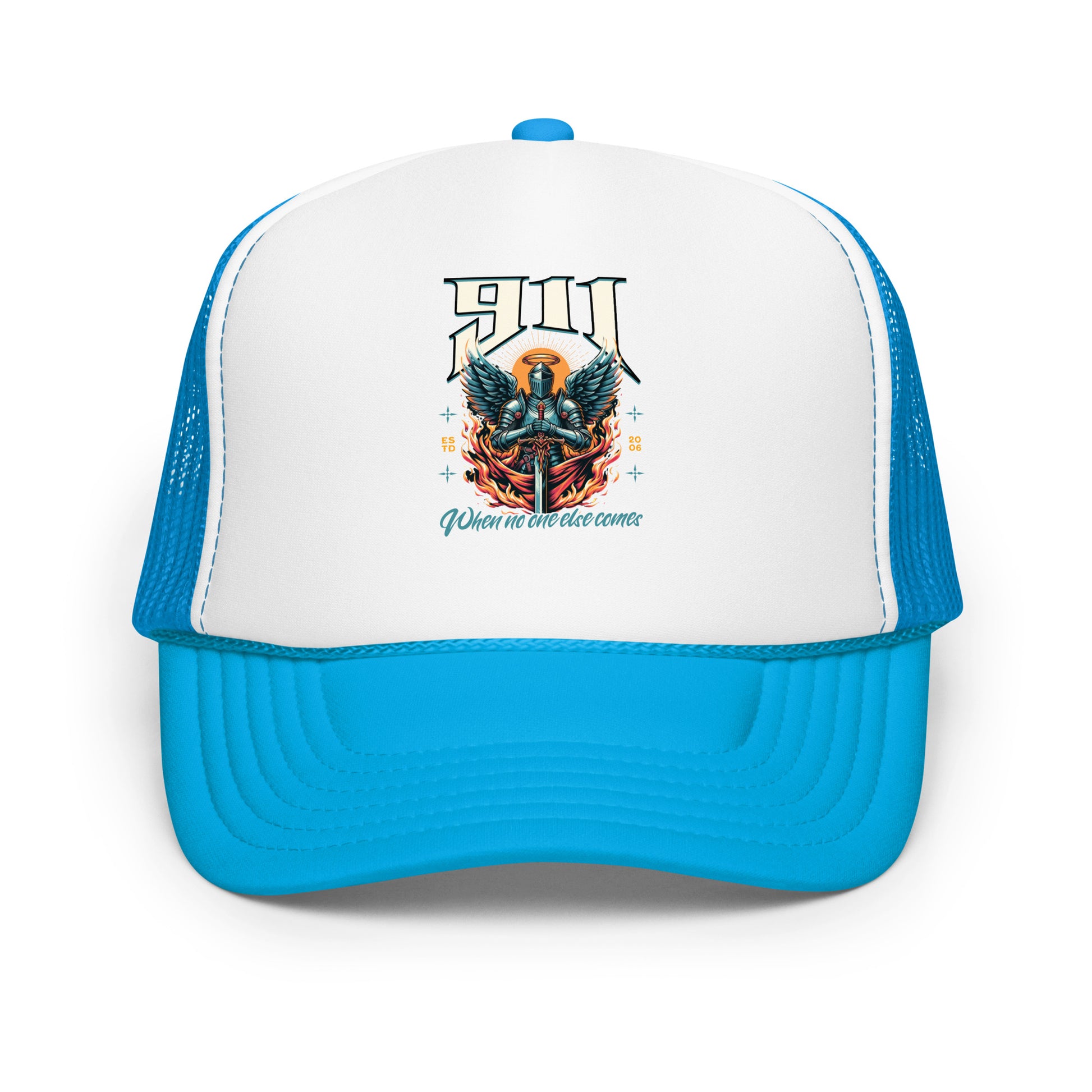 Blue and white cap with graphic design on a white background