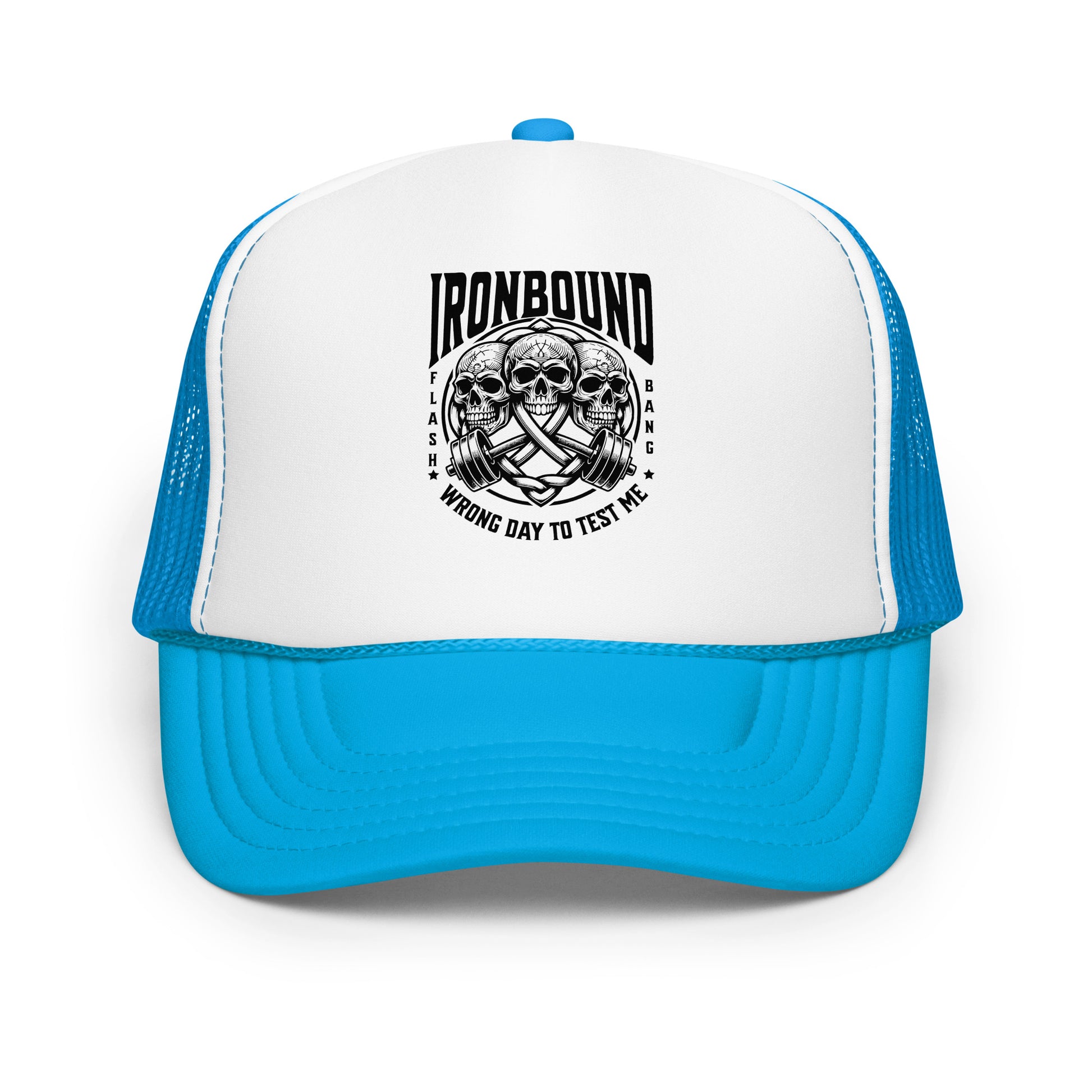 Blue and white cap with skull design and text on a white background