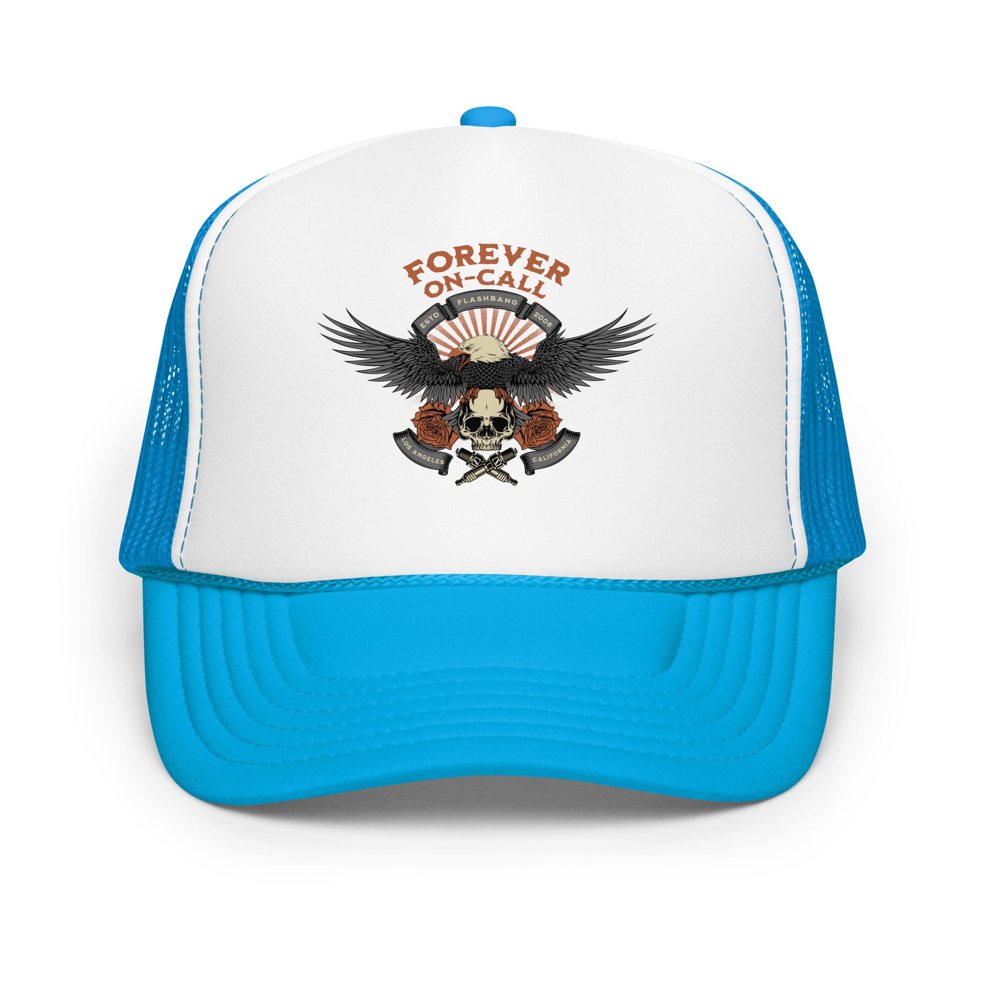 Blue and white cap with an eagle and skull design and 'Forever On Call' text on a white background