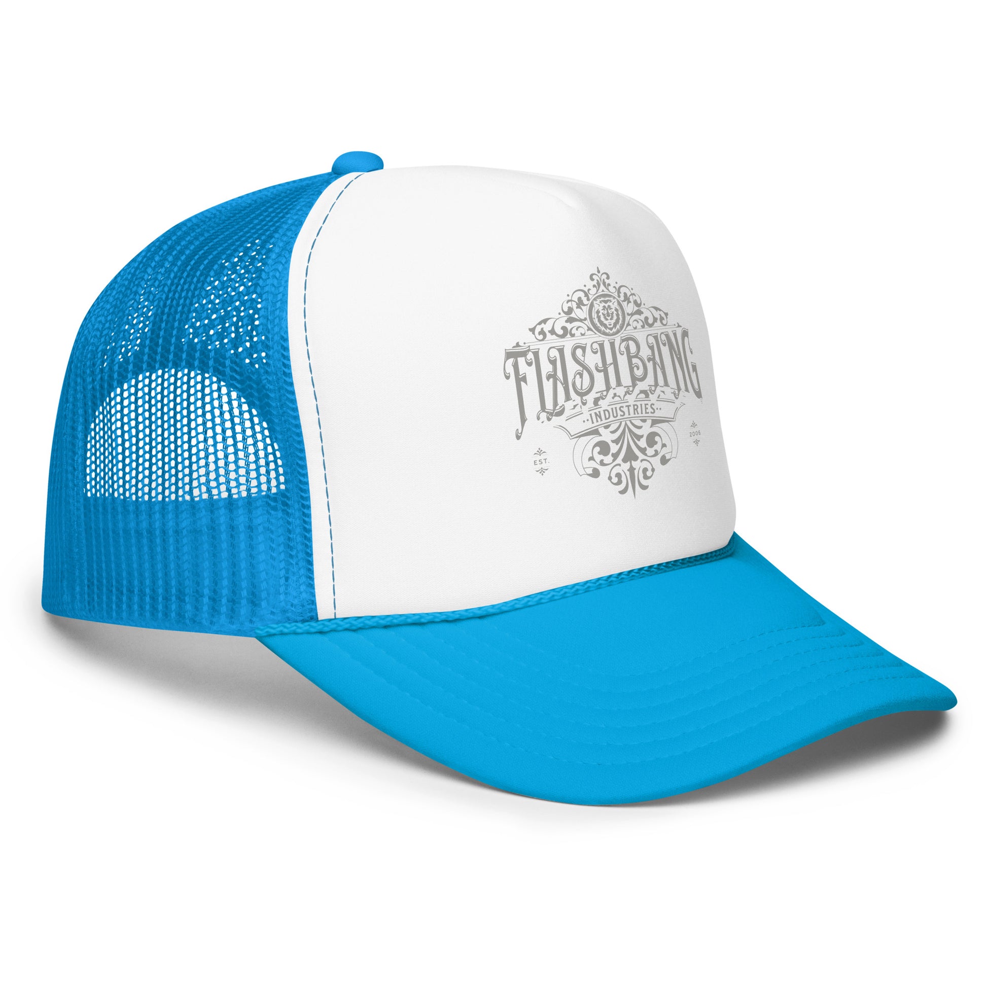 Blue and white trucker cap with mesh back on a white background