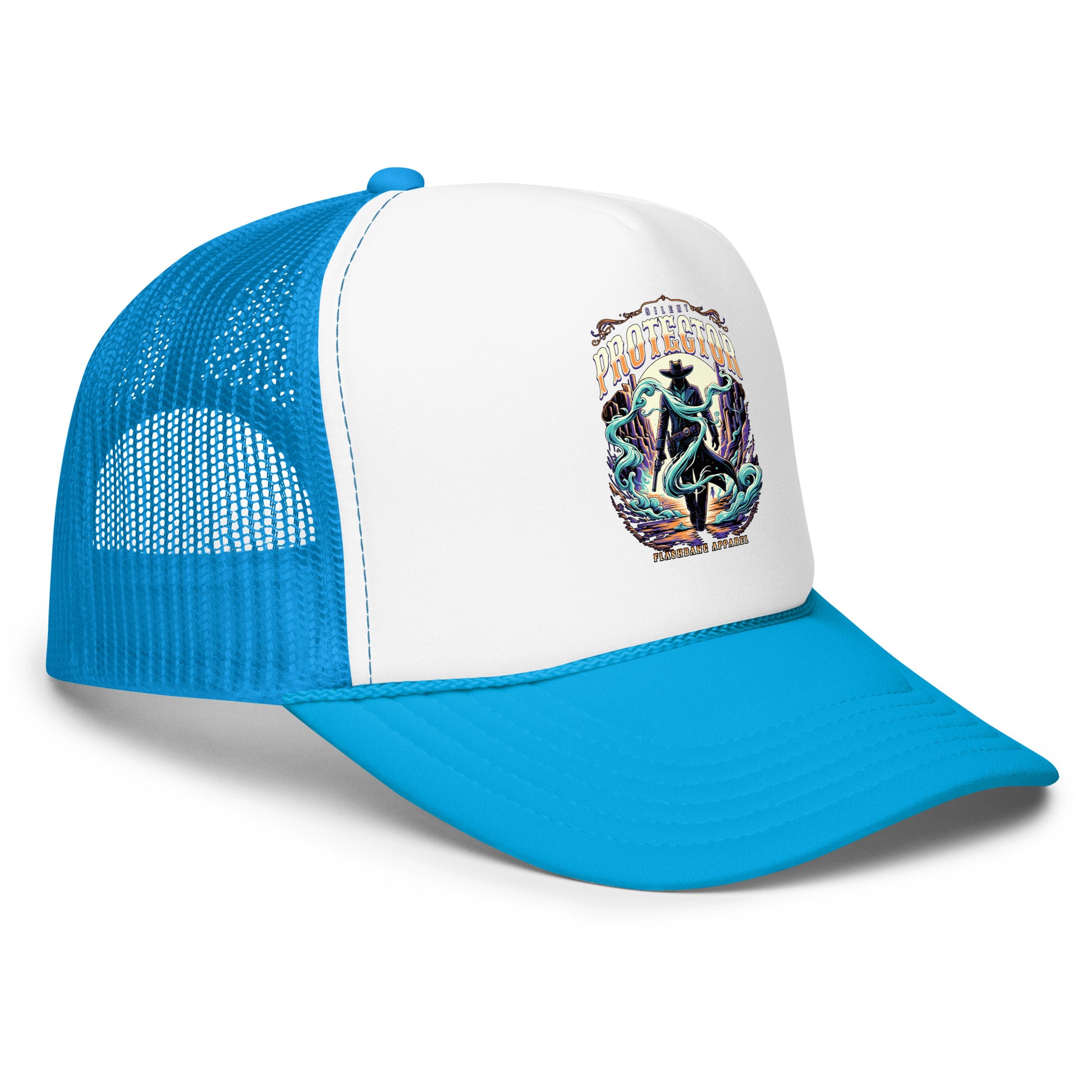 Blue and white trucker hat with a colorful graphic on a white background