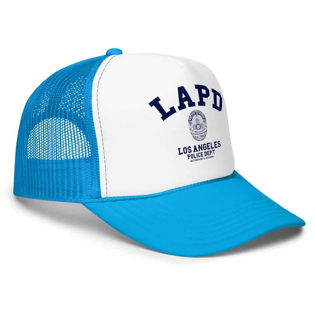 Blue and white cap with LAPD Los Angeles Police Dept logo on a white background