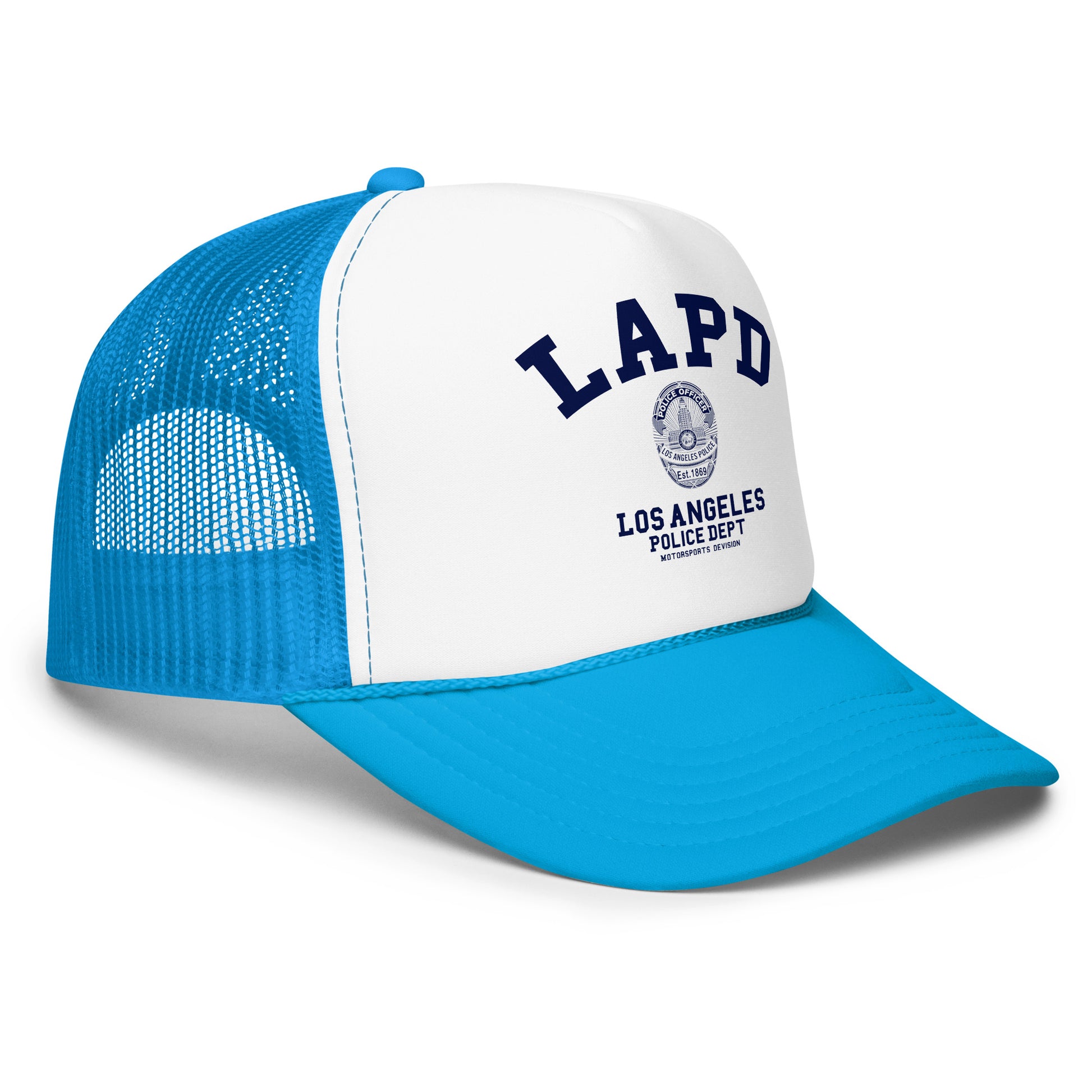 Blue and white cap with LAPD Los Angeles Police Dept logo on a white background
