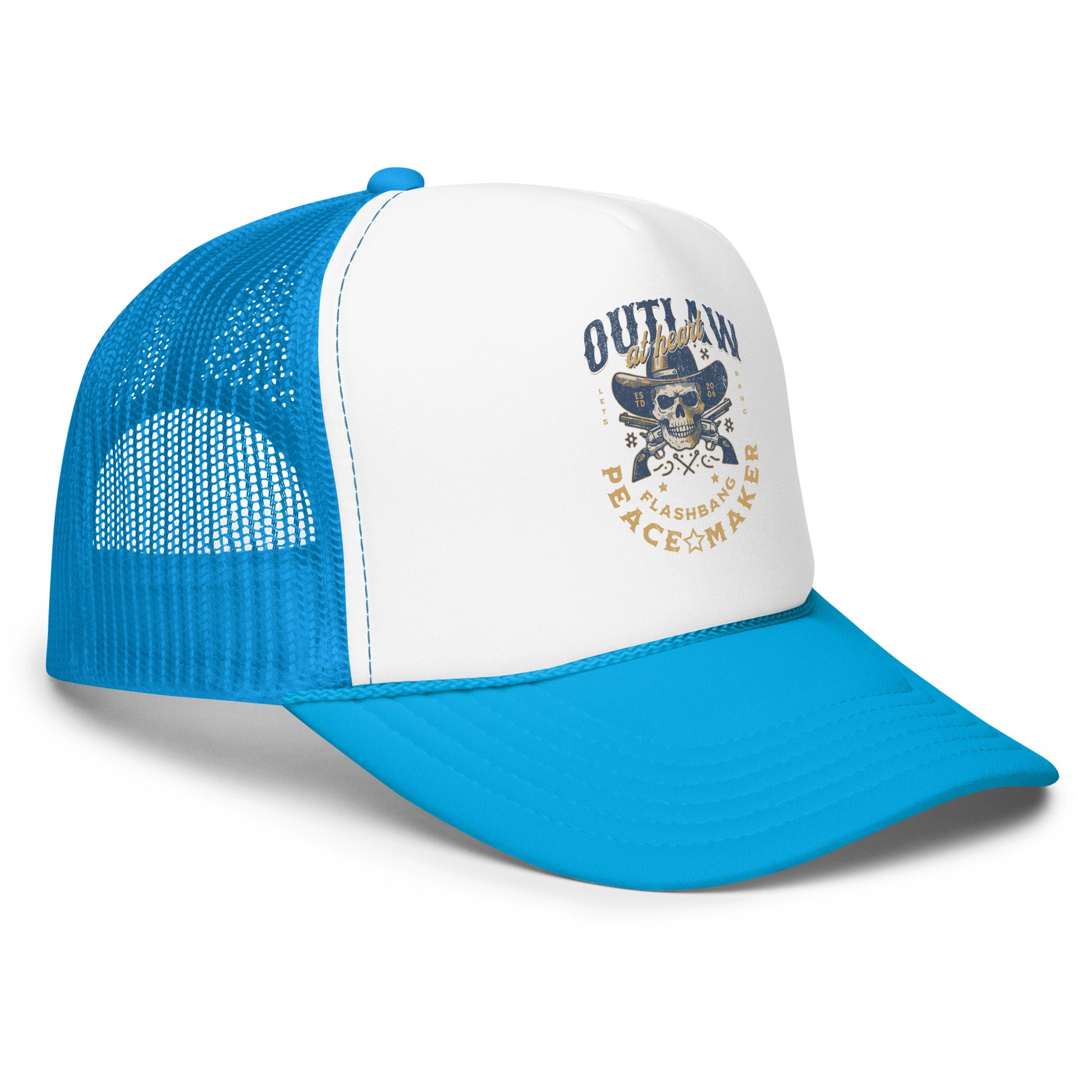 Blue and white trucker cap with graphic design on a white background