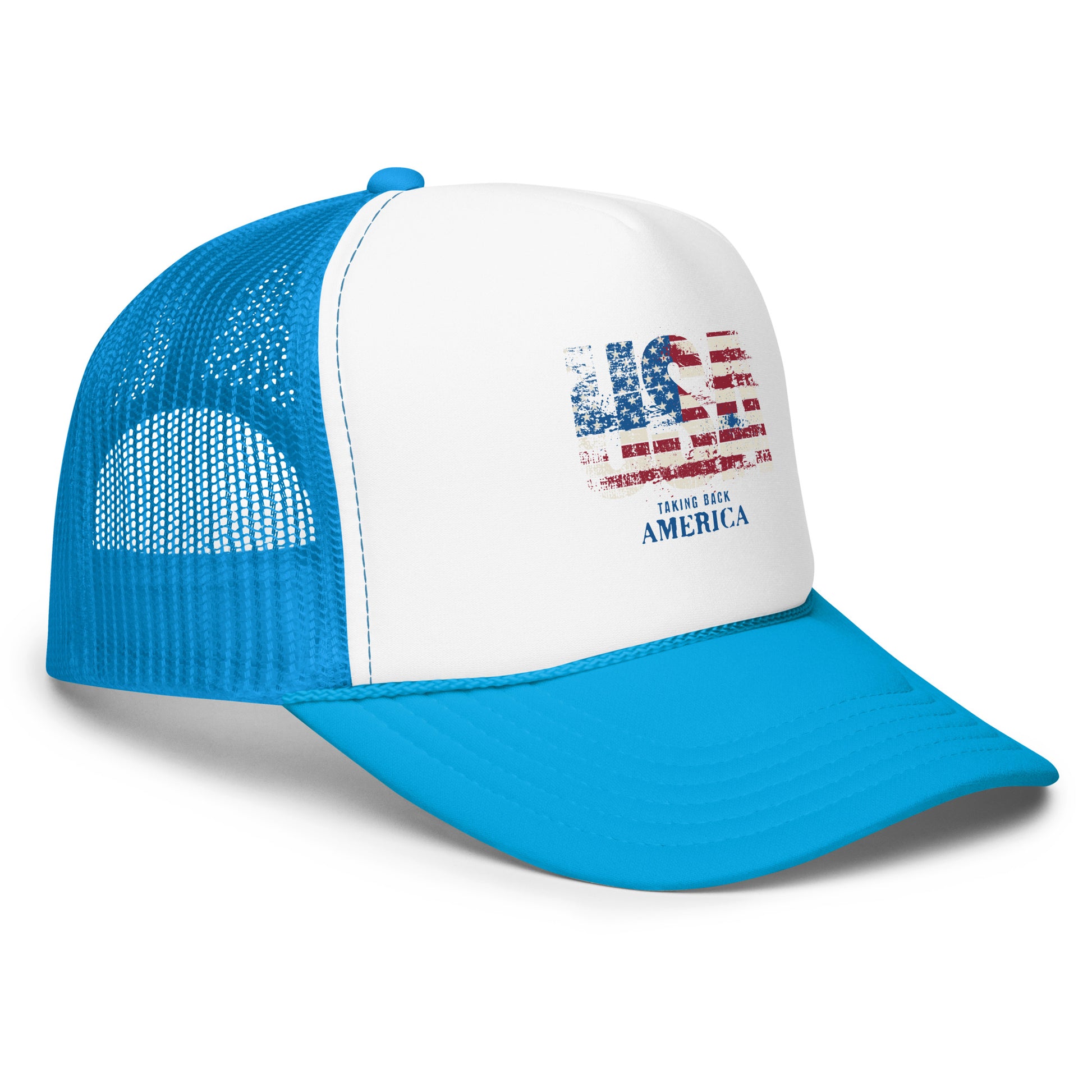 Blue and white cap with American flag design on a white background