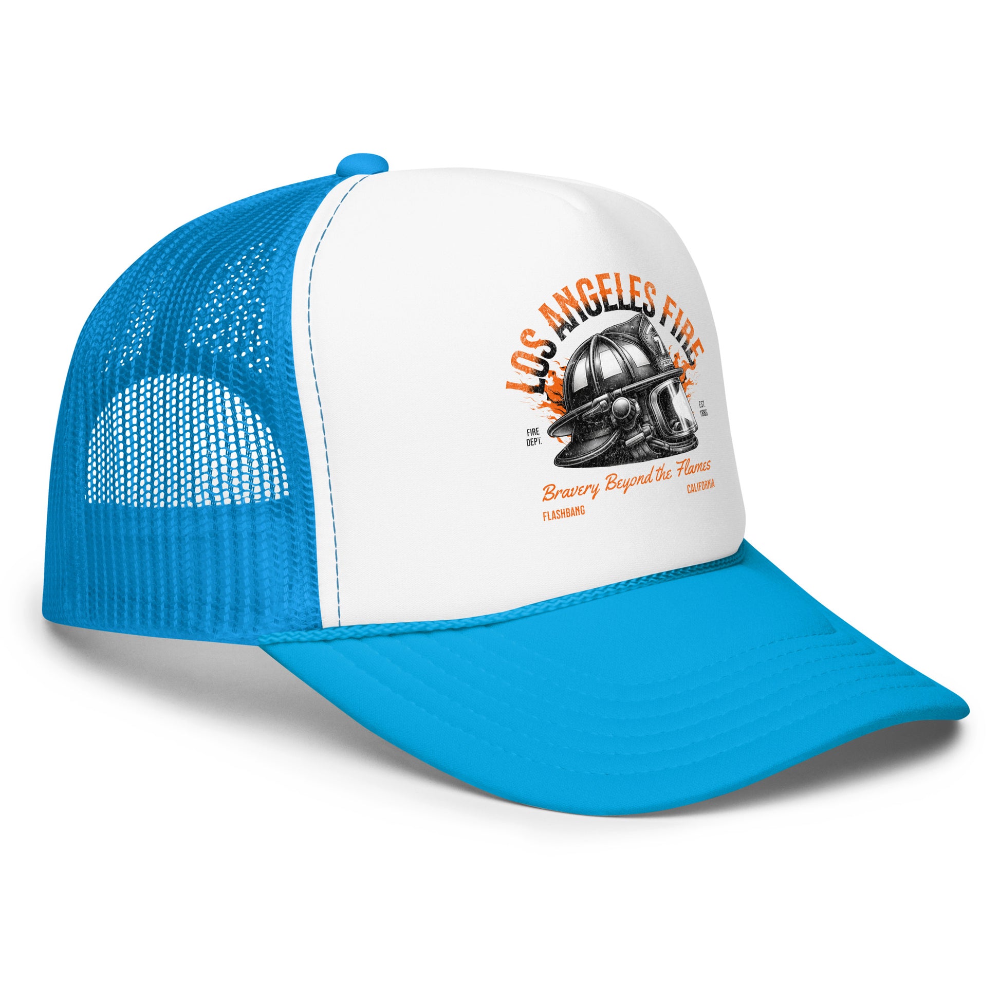 Blue and white cap with a helmet graphic and text on a white background