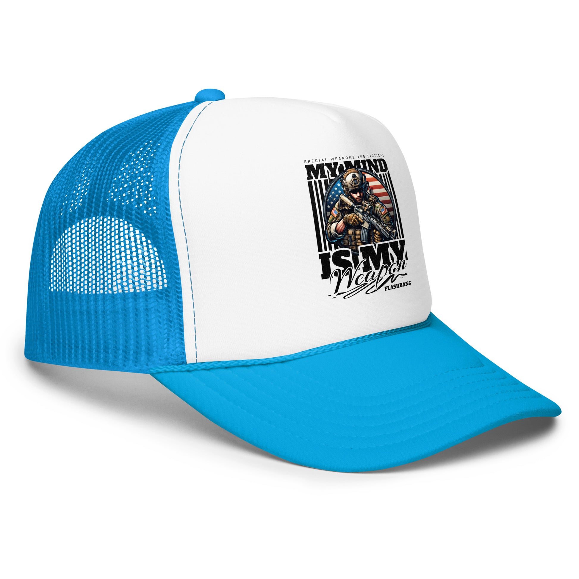 Blue and white trucker hat with graphic design on a white background