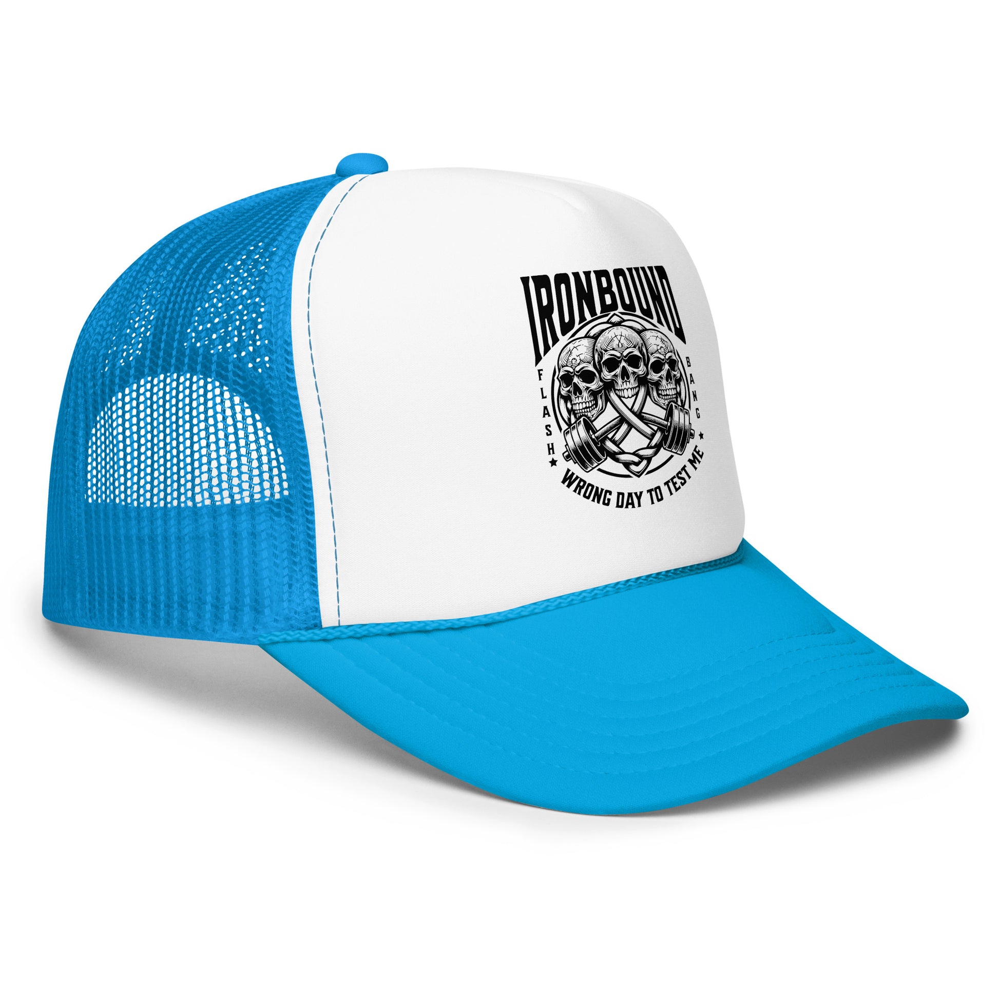 Blue and white cap with a logo on a white background